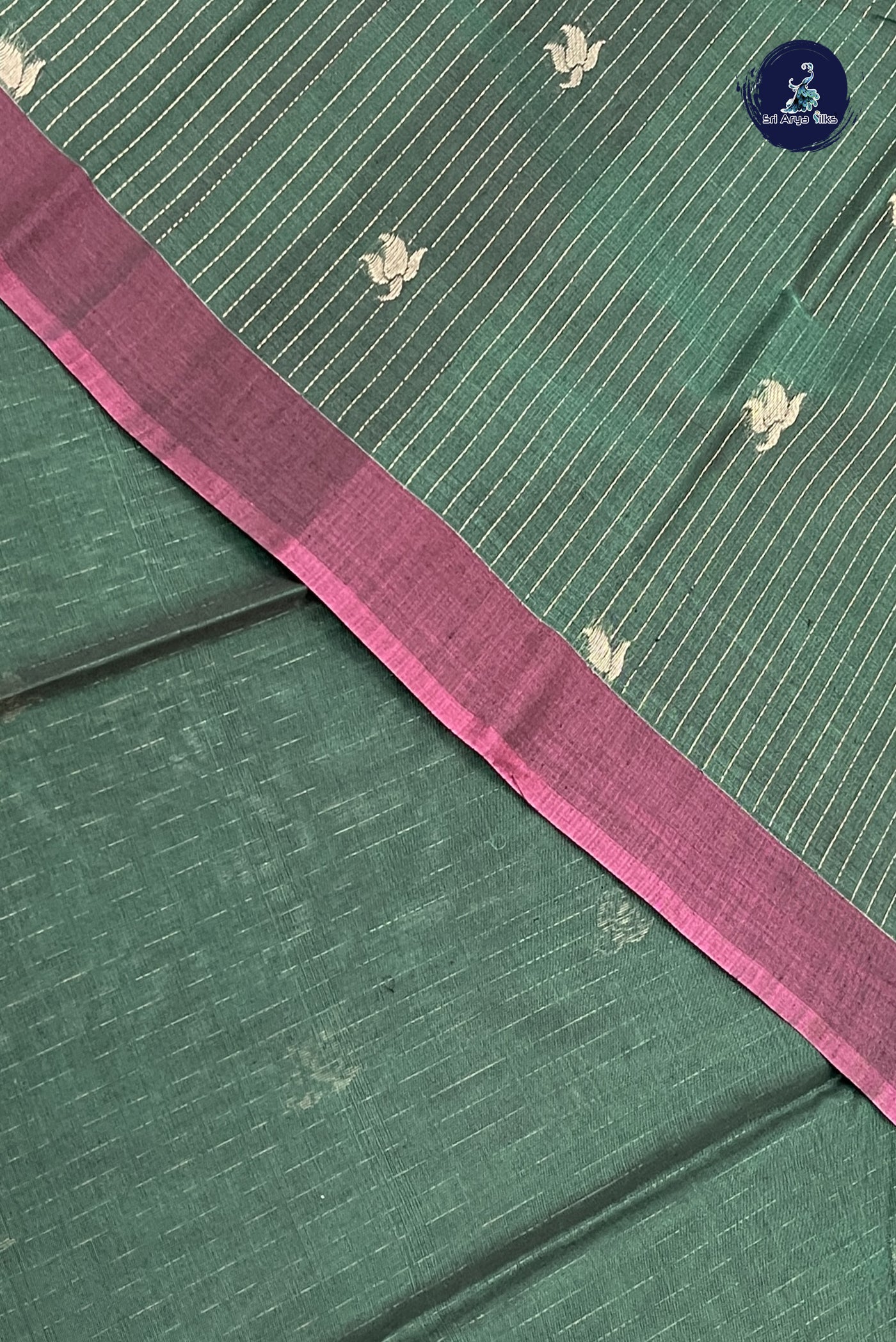 Bottle Green Kora Sico Silk Cotton With Stripes Pattern