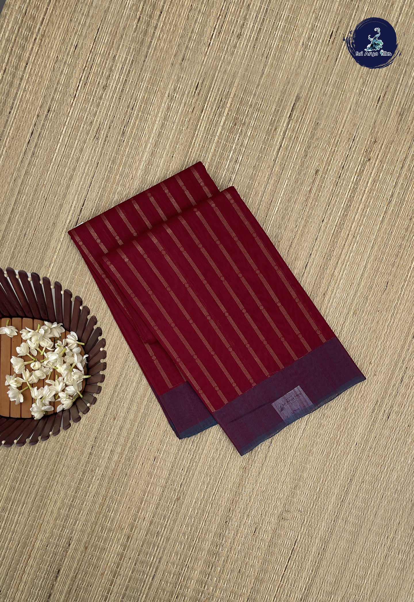 Maroon Kora Sico Silk Cotton With Stripes Pattern