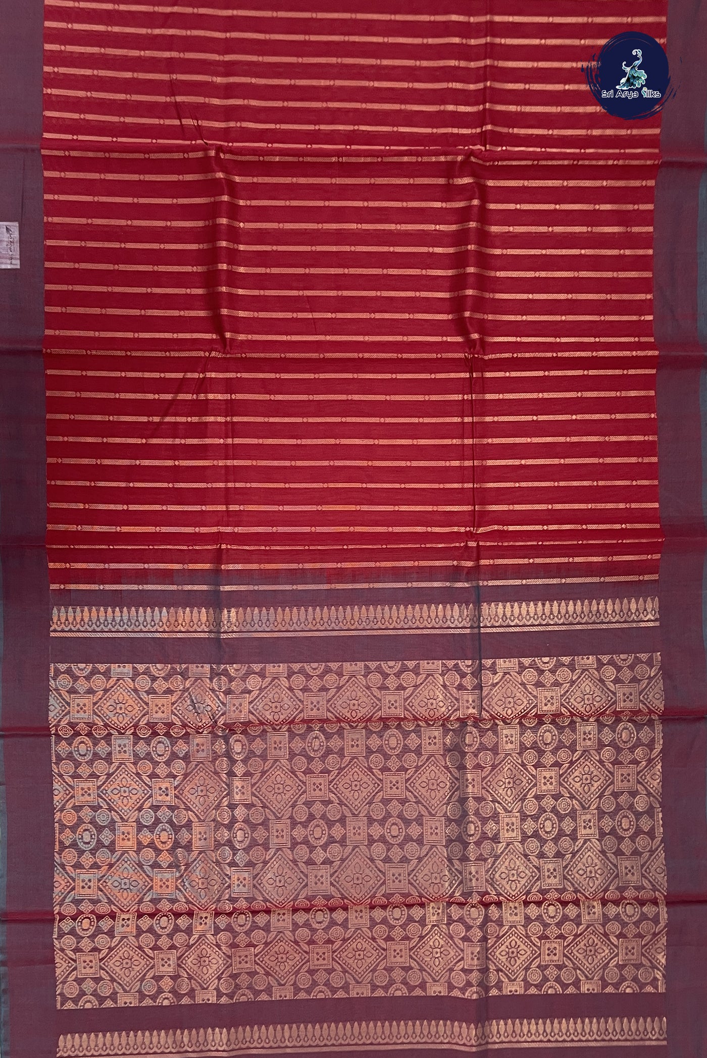 Maroon Kora Sico Silk Cotton With Stripes Pattern