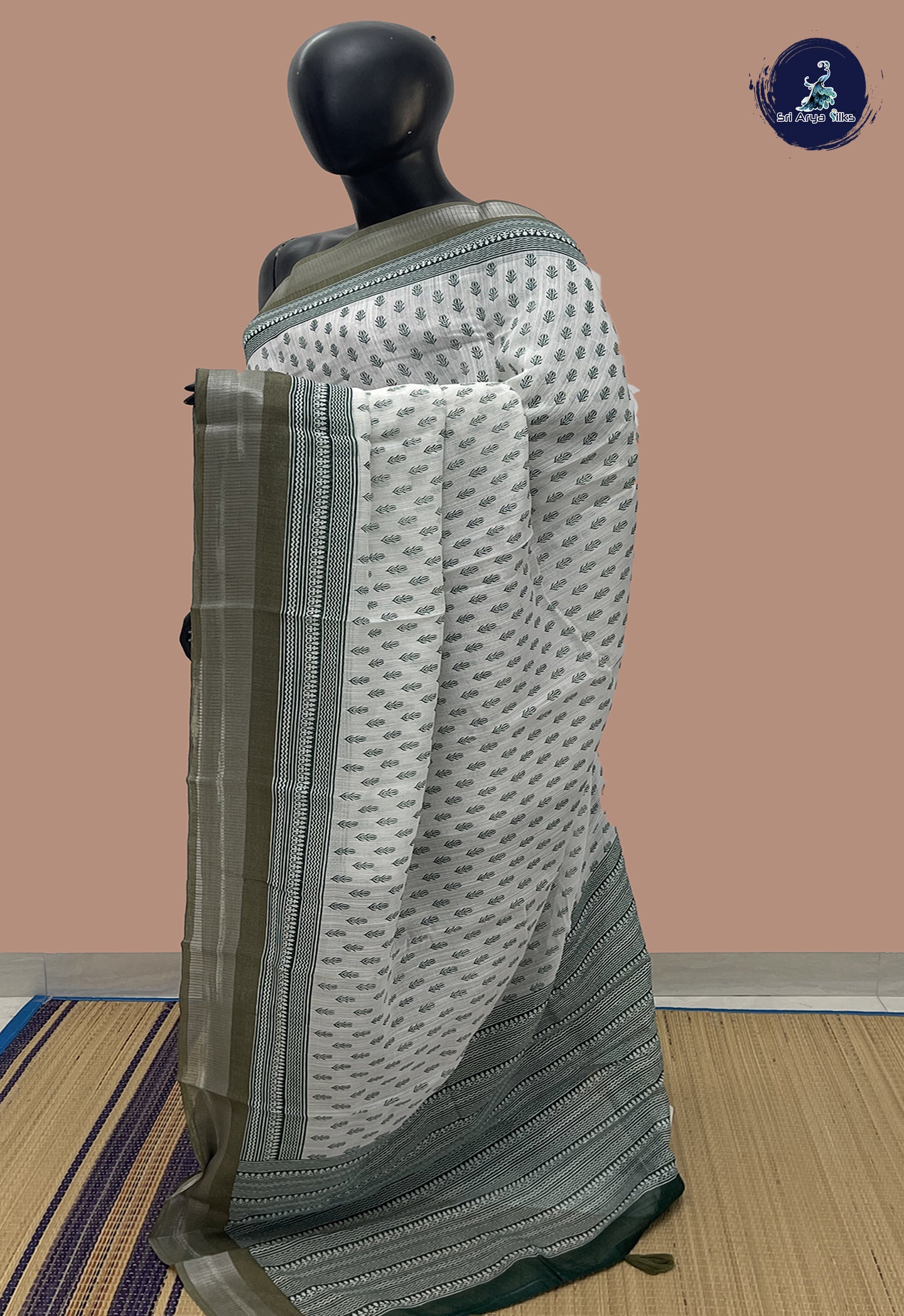 White Linen Saree With Printed Pattern