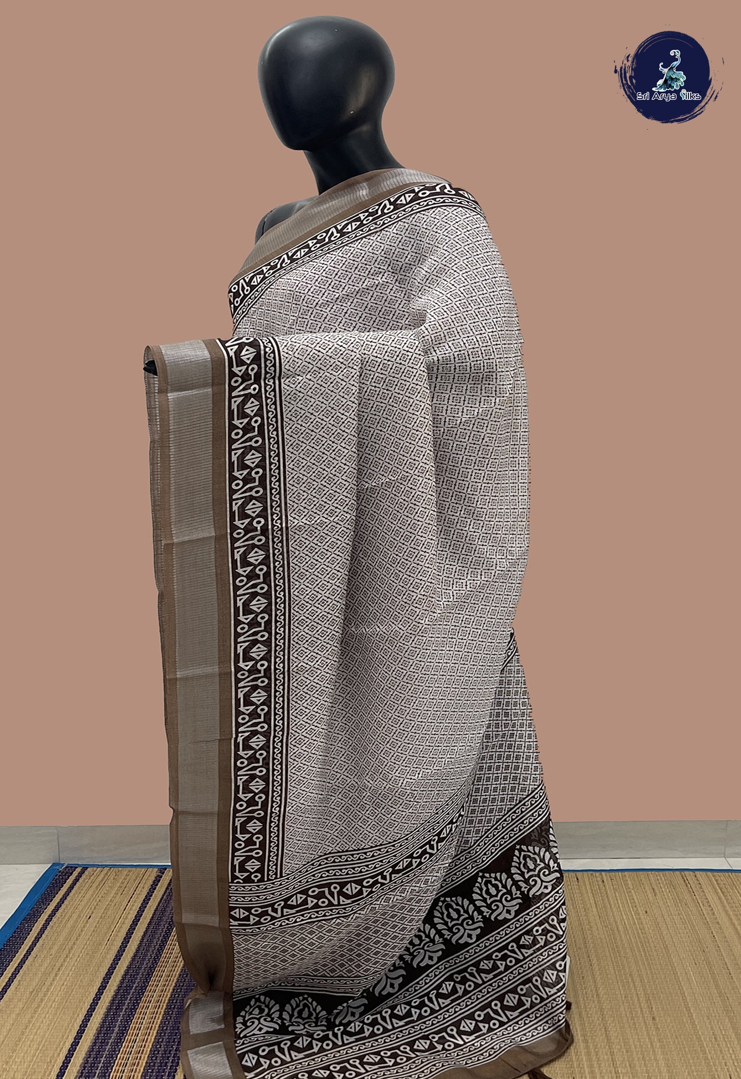 White Linen Saree With Printed Pattern