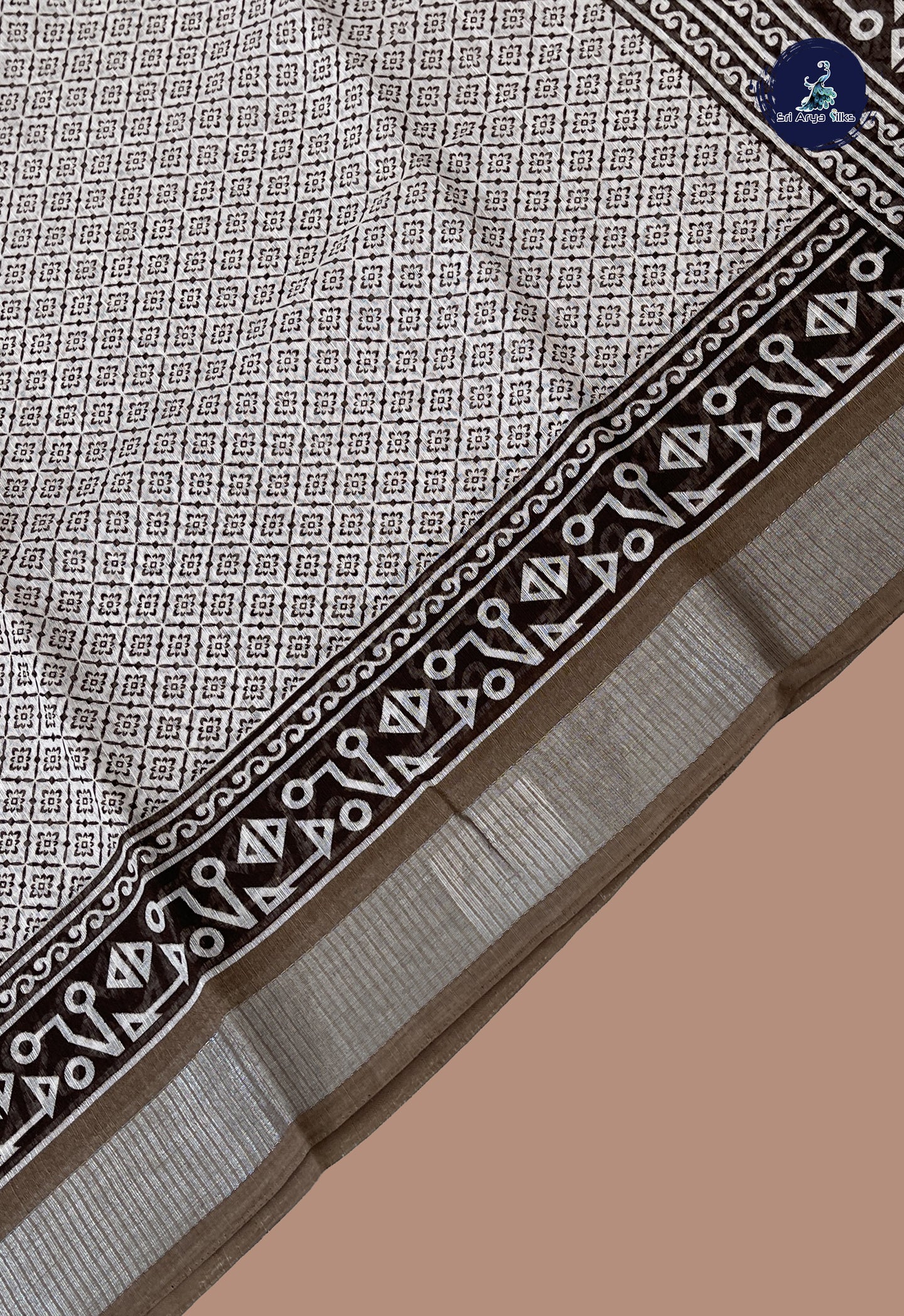 White Linen Saree With Printed Pattern