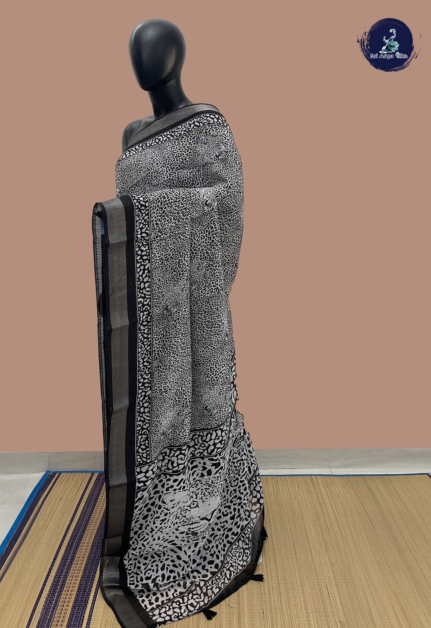 White Linen Saree With Printed Pattern