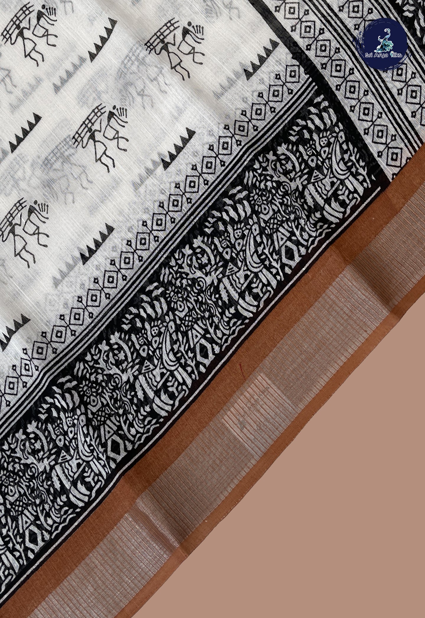 White Linen Saree With Printed Pattern