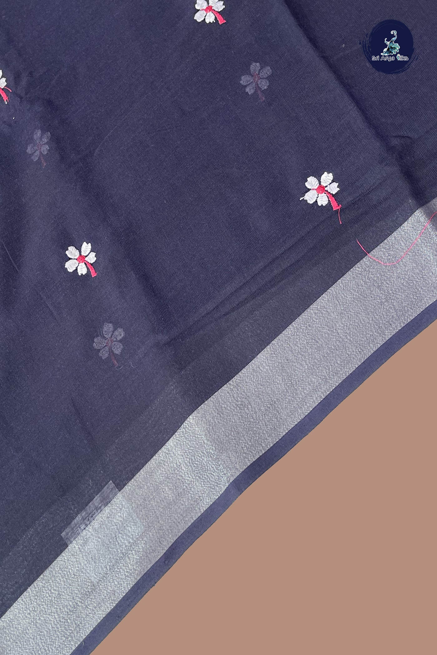 Navy Blue Linen Saree With Thread Work Pattern