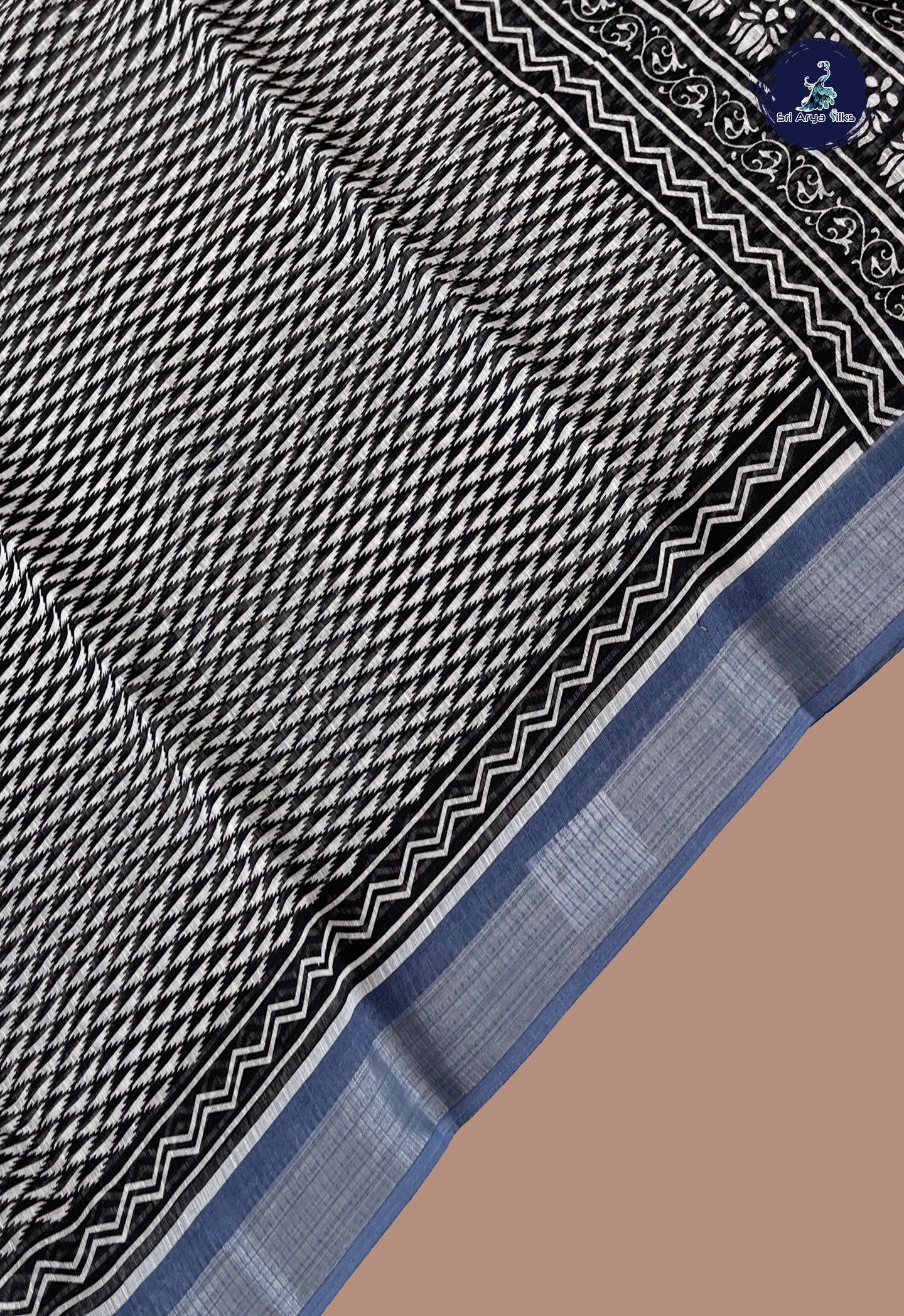 Black Linen Saree With Printed Pattern