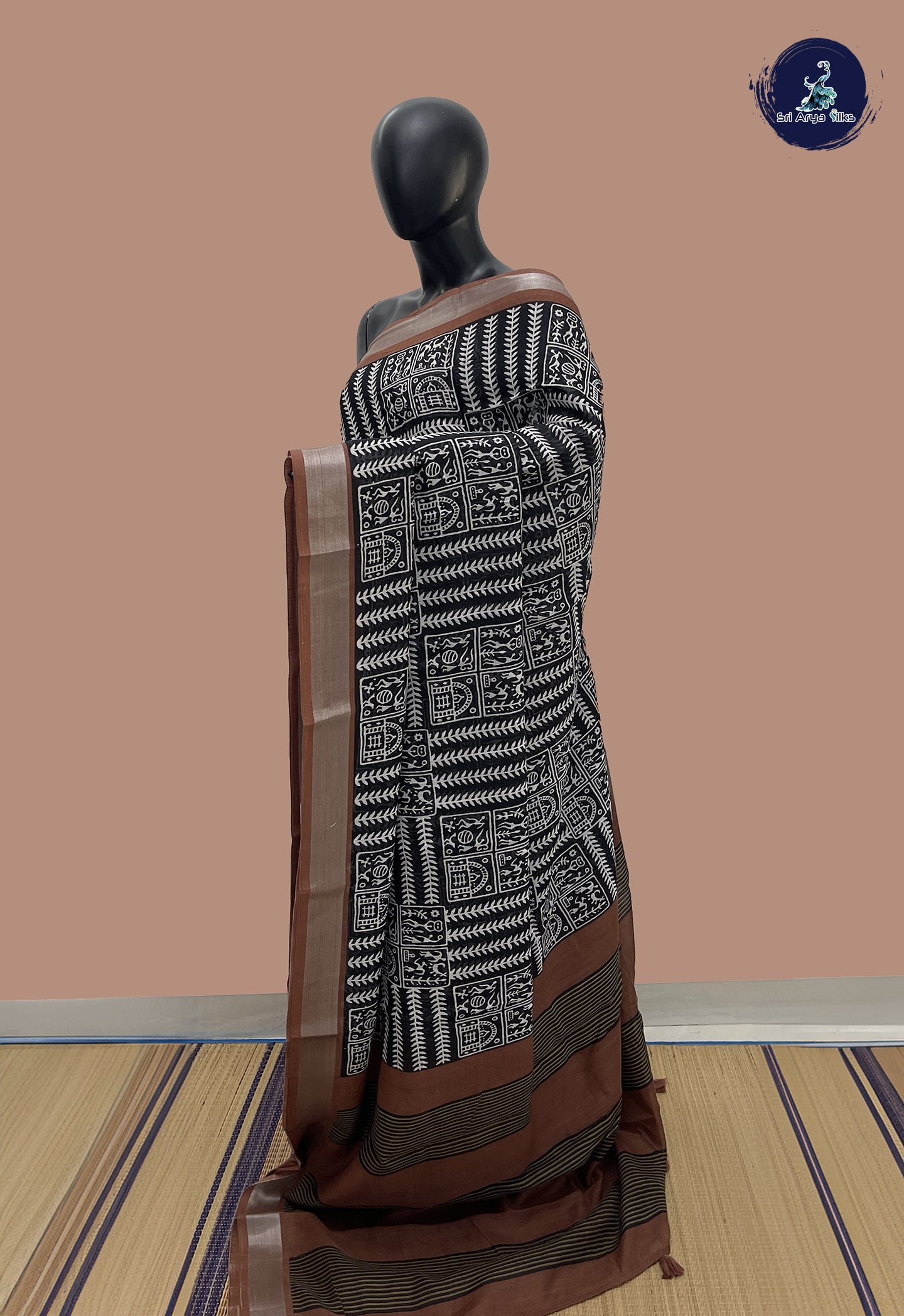Black Linen Saree With Printed Pattern