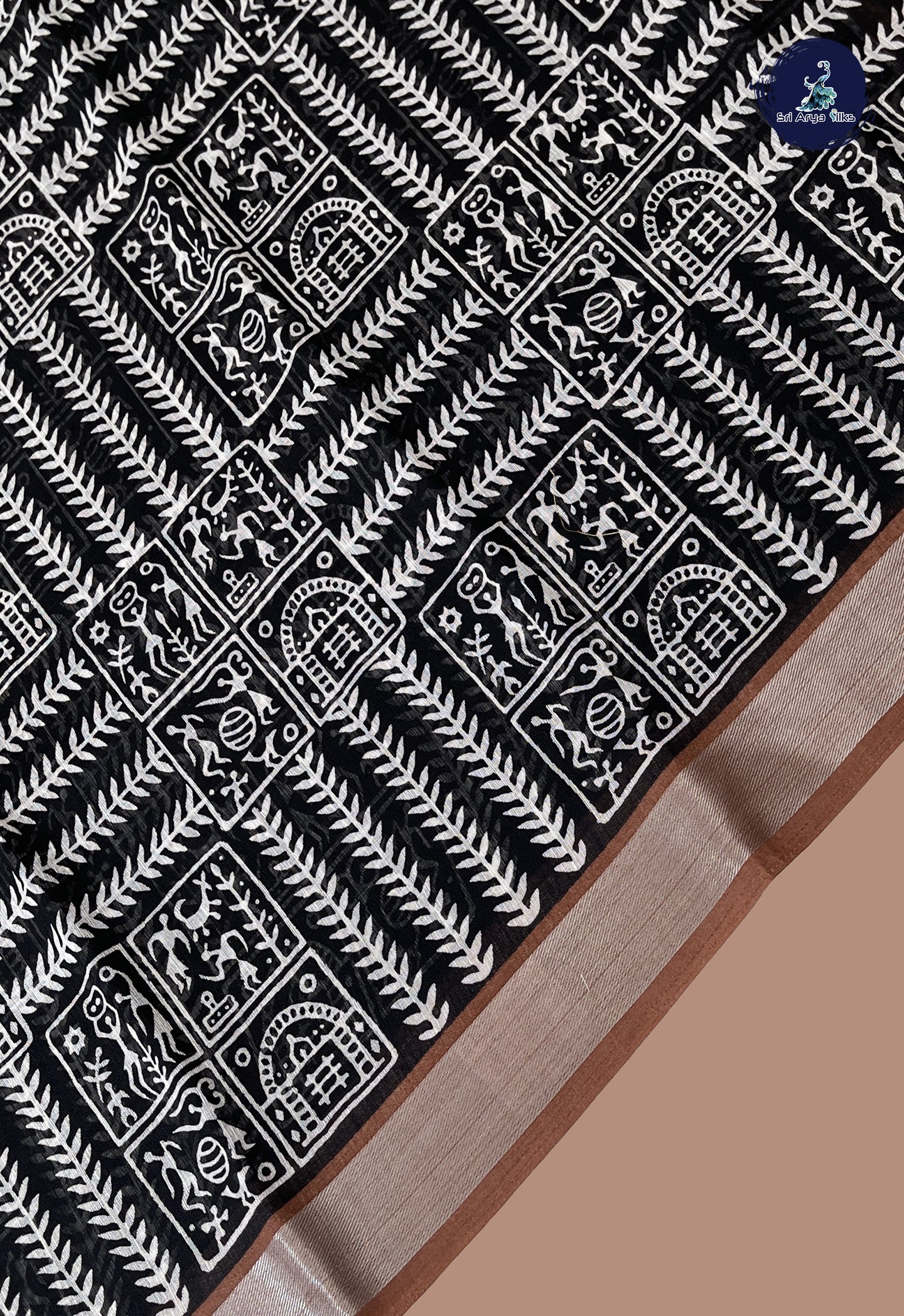 Black Linen Saree With Printed Pattern