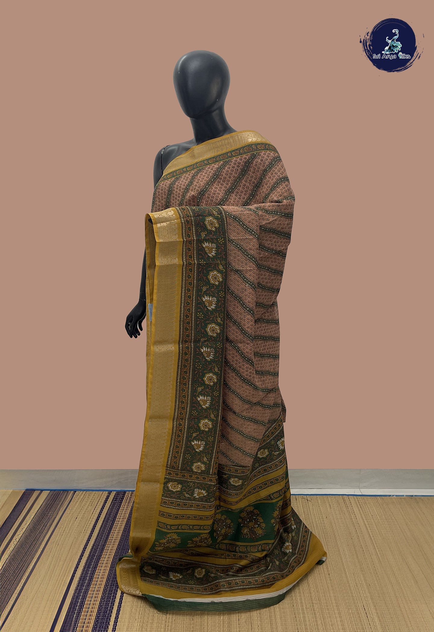 Light Peach Semi Raw Silk Saree With Printed Pattern