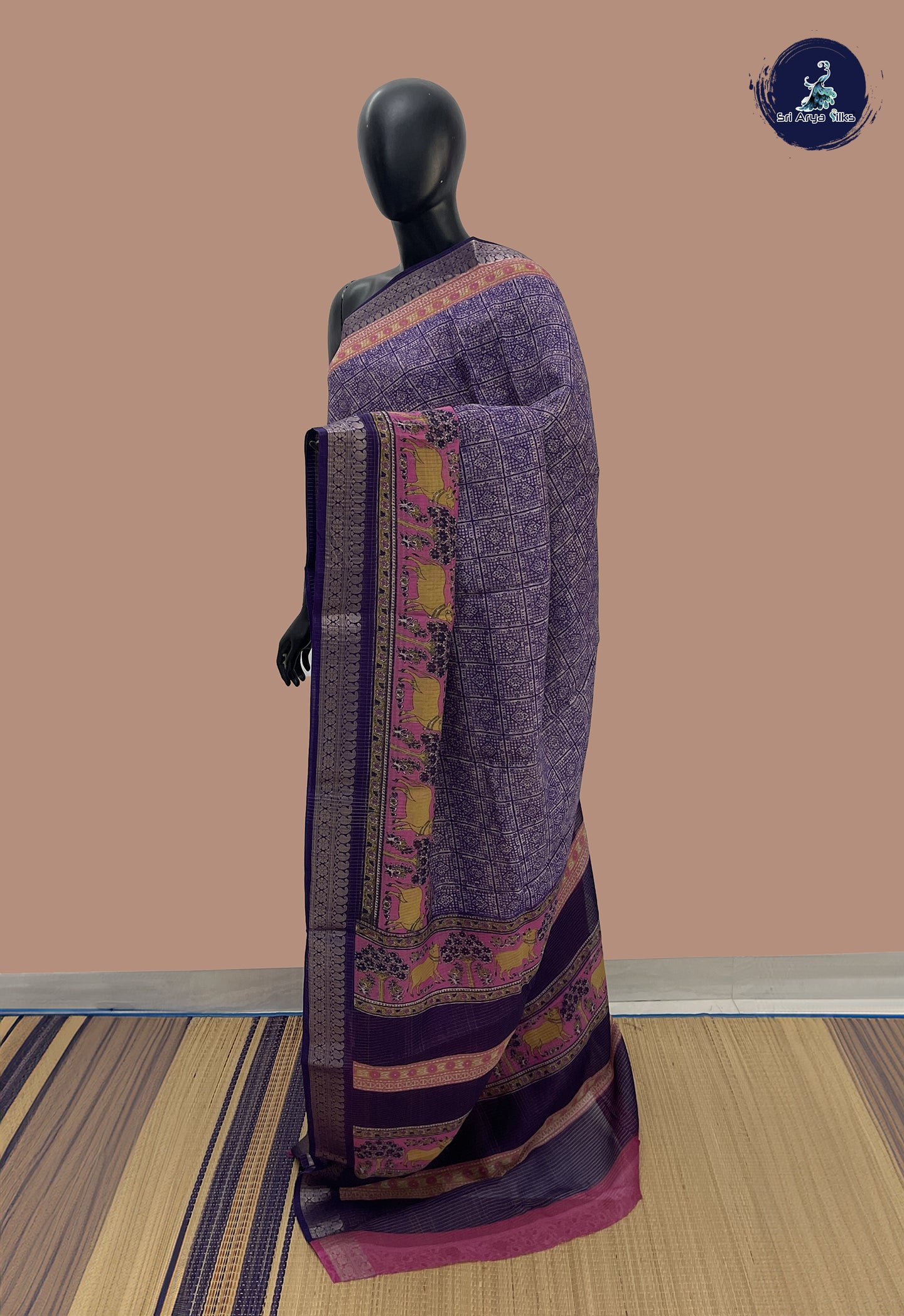 Violet Semi Raw Silk Saree With Printed Pattern