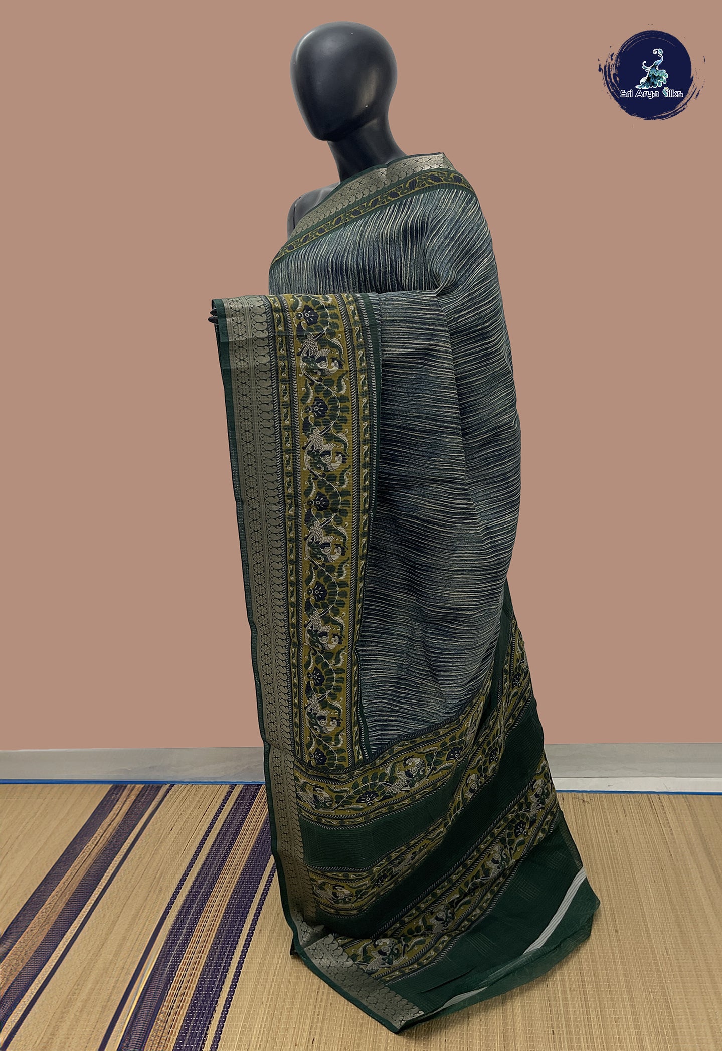 Bluish Green Semi Raw Silk Saree With Printed Pattern