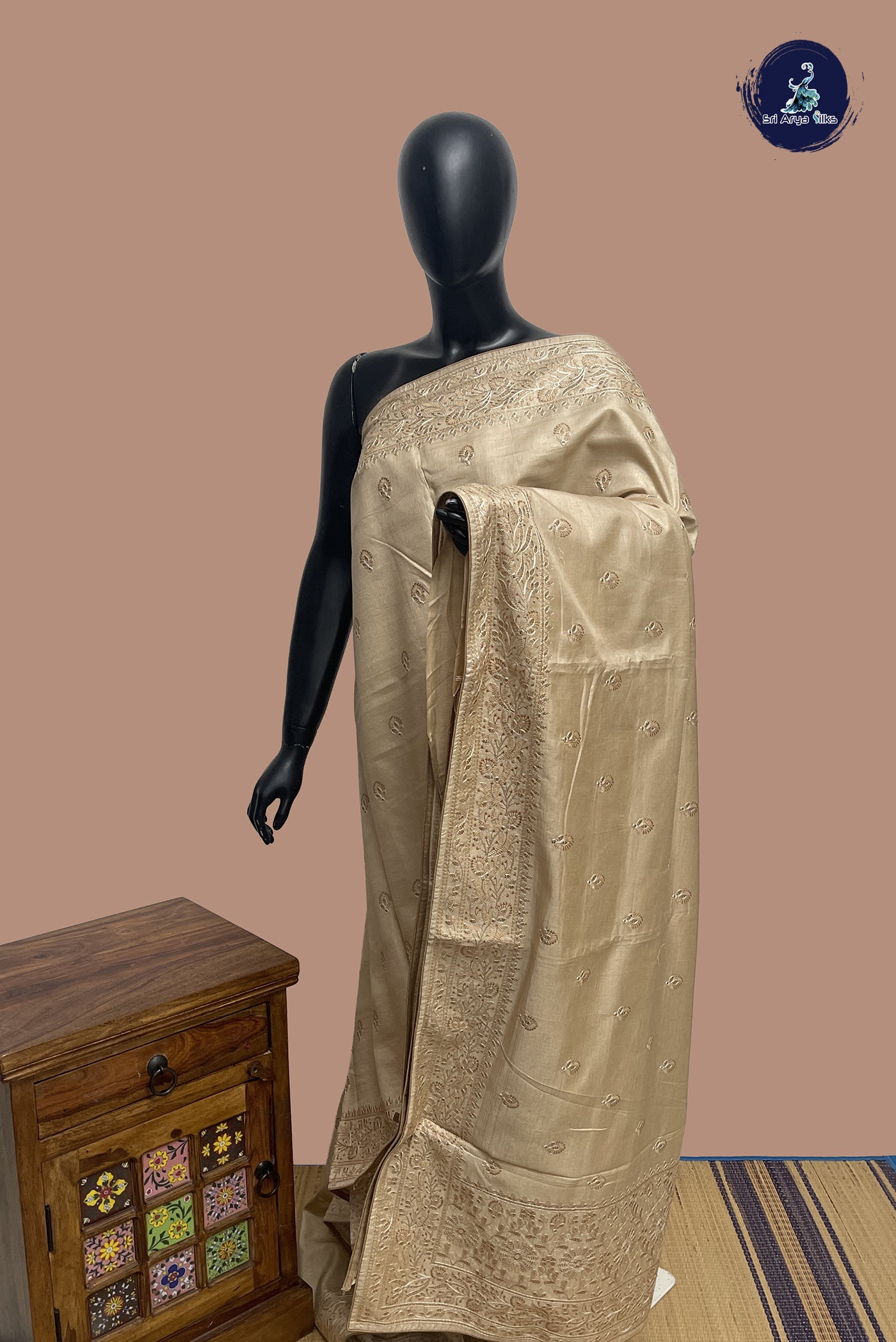 Beige Tussar Saree With Thread Work Pattern