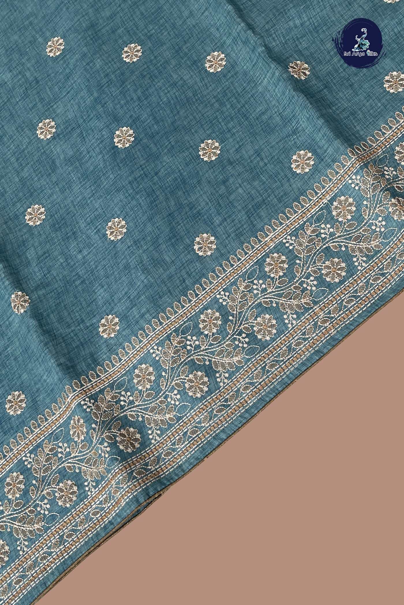 Dual Tone Blue Tussar Saree With Thread Work Pattern
