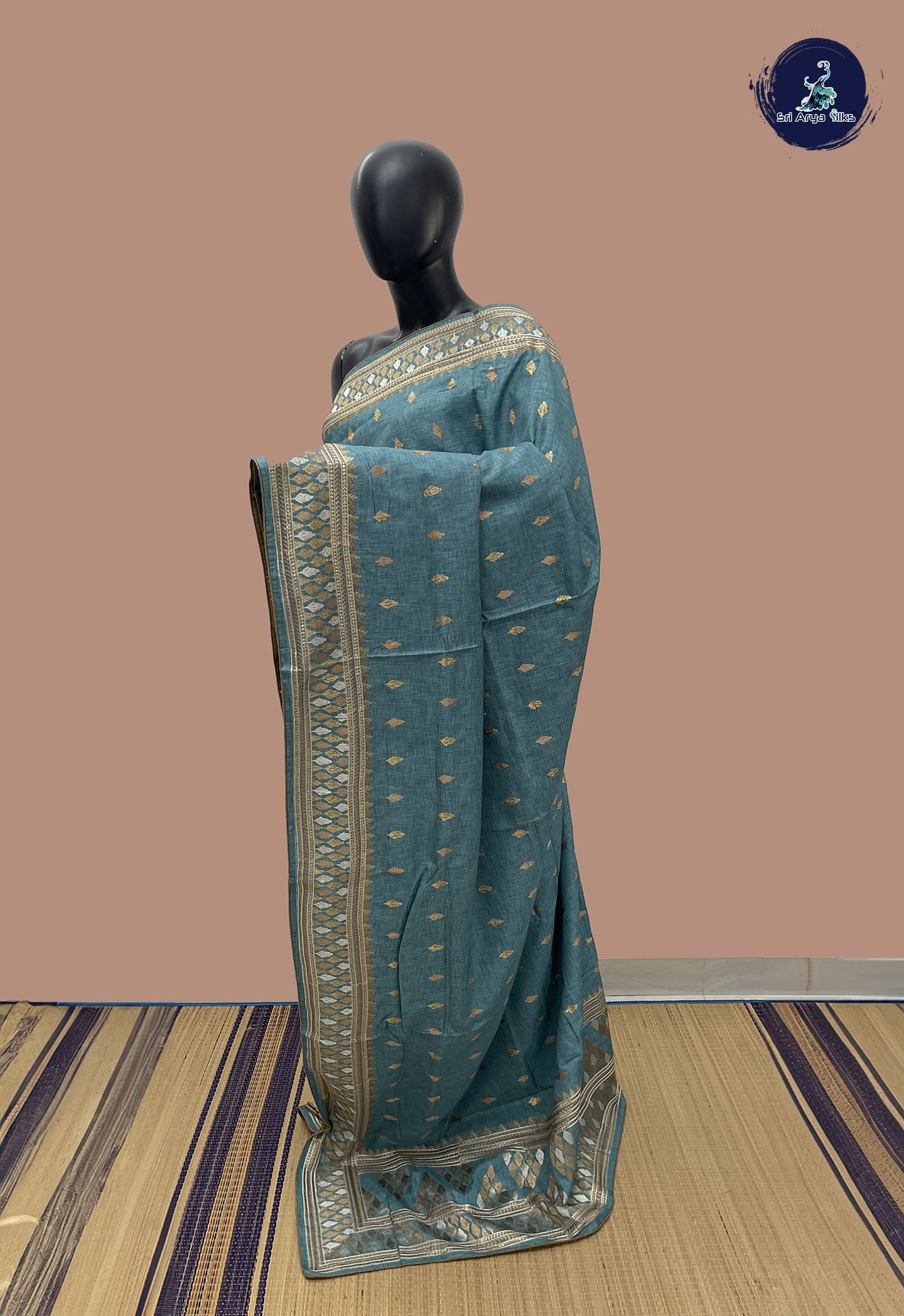 Blue Tussar Saree With Buttas Pattern