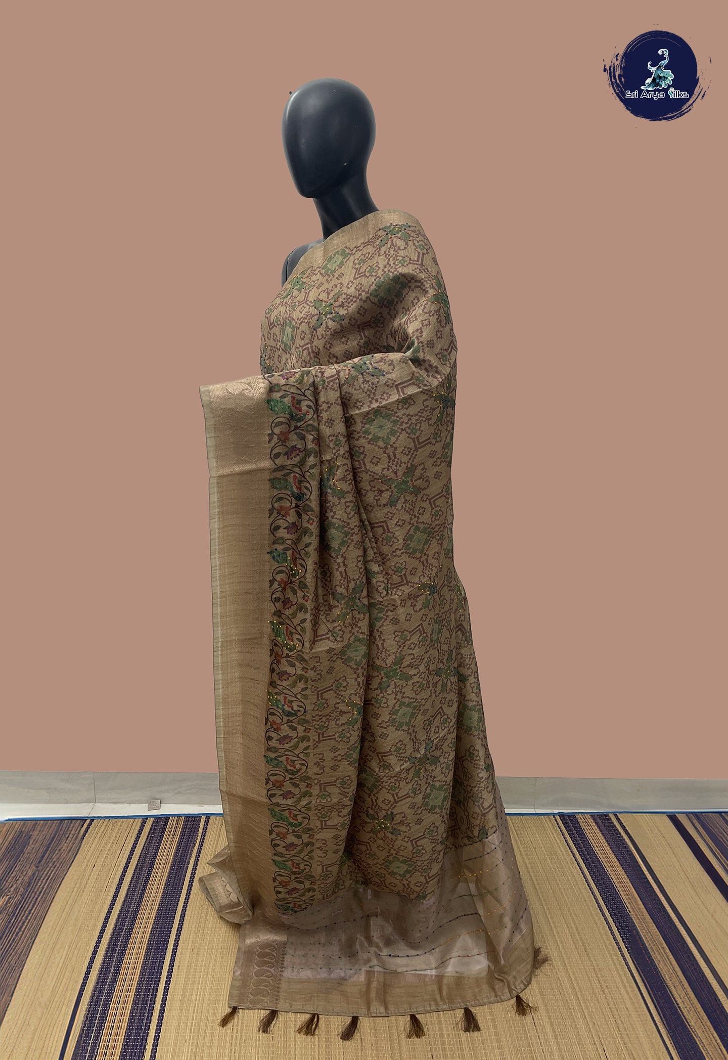 Khaki Chanderi Silk Cotton Saree With Floral Digital Print Pattern