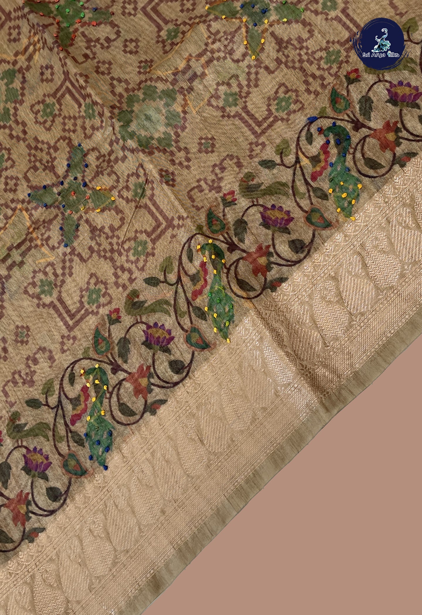 Khaki Chanderi Silk Cotton Saree With Floral Digital Print Pattern