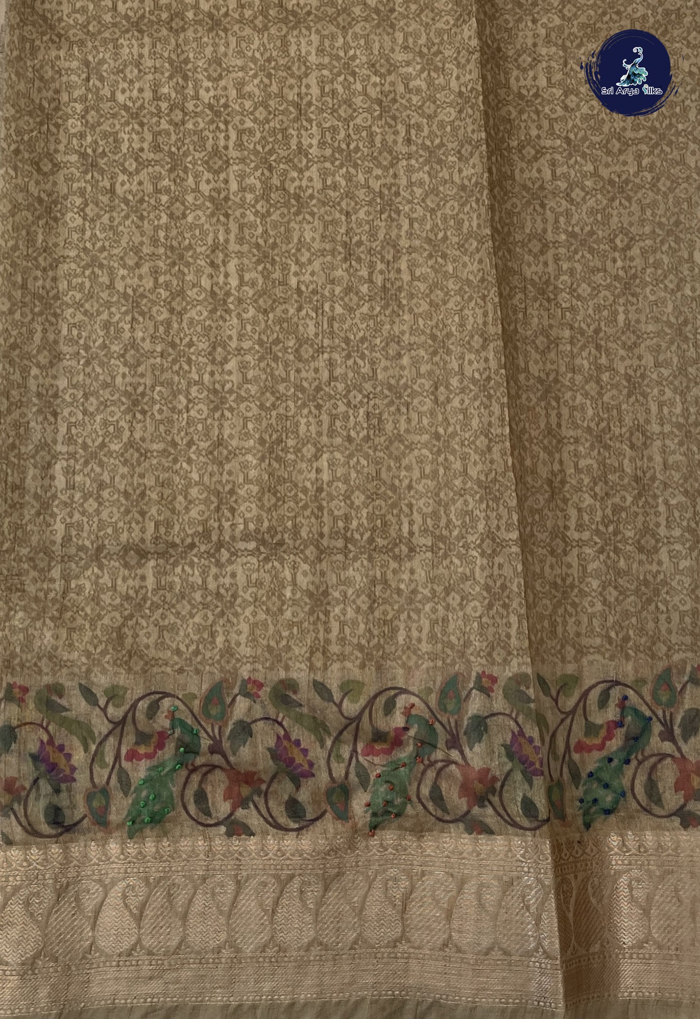 Khaki Chanderi Silk Cotton Saree With Floral Digital Print Pattern