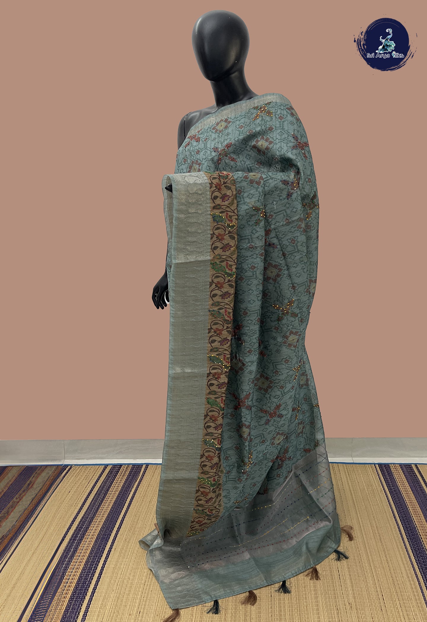 Greyish Blue Chanderi Silk Cotton Saree With Floral Digital Print Pattern