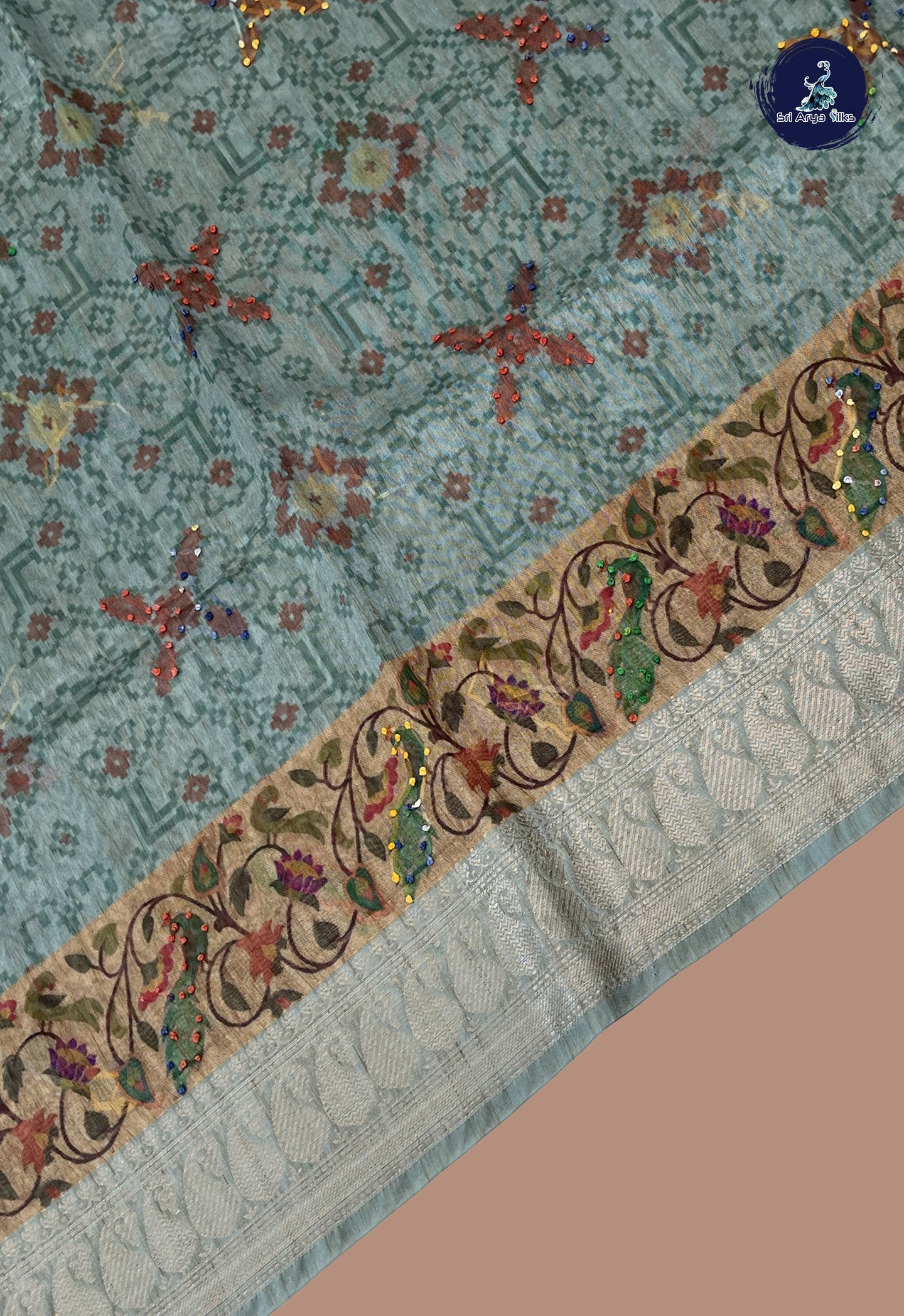 Greyish Blue Chanderi Silk Cotton Saree With Floral Digital Print Pattern
