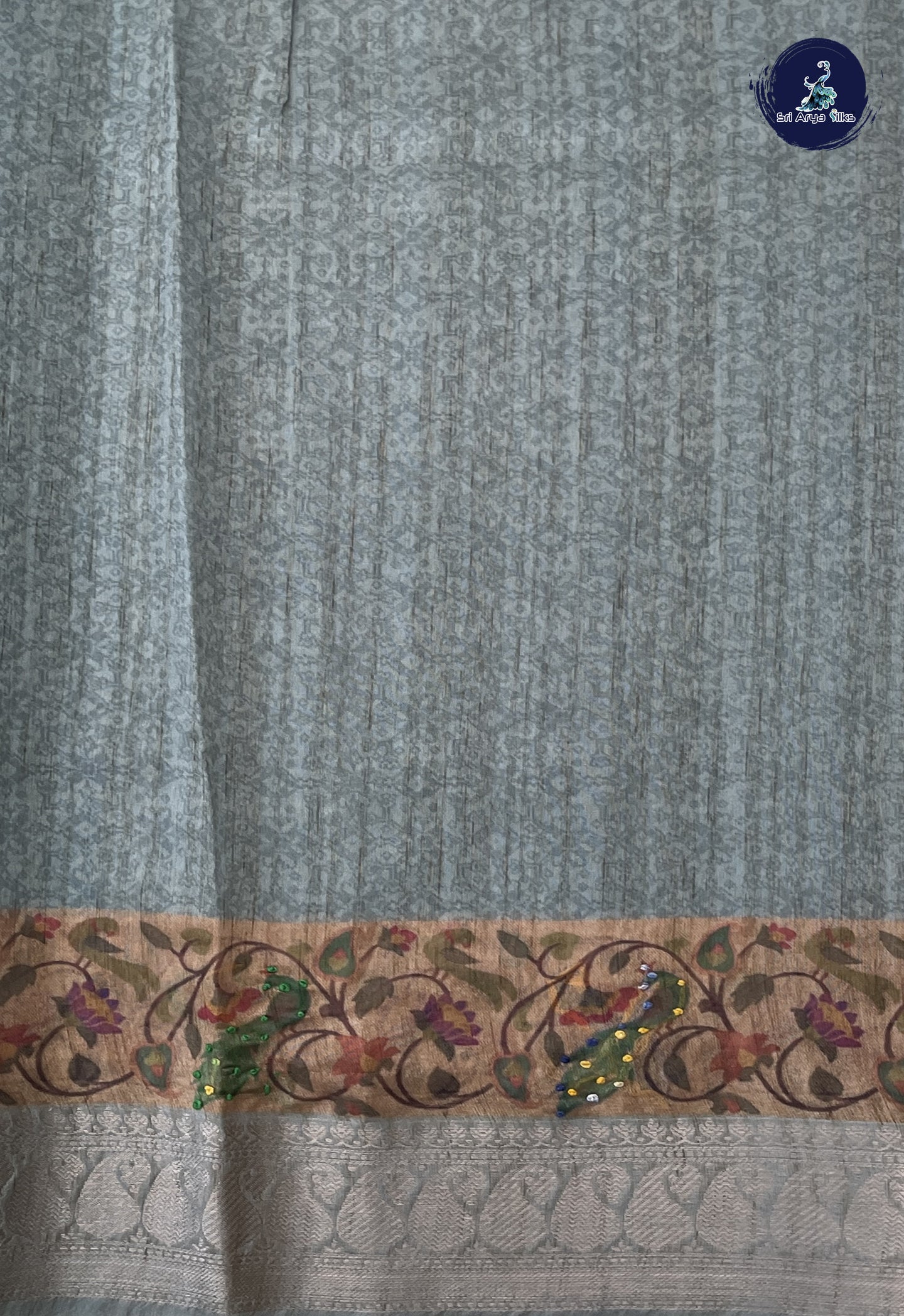 Greyish Blue Chanderi Silk Cotton Saree With Floral Digital Print Pattern