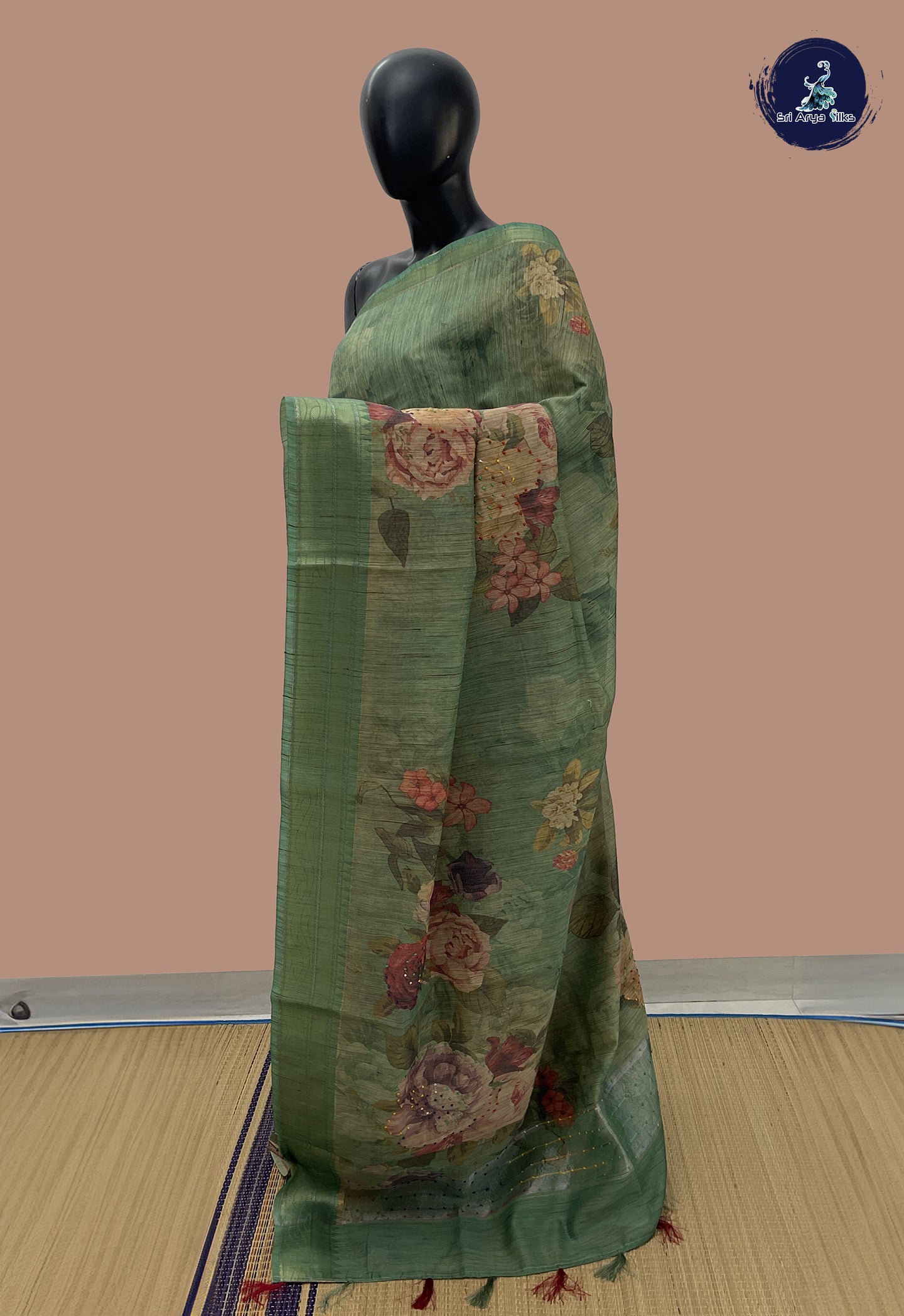 Green Chanderi Silk Cotton Saree With Floral Digital Print Pattern