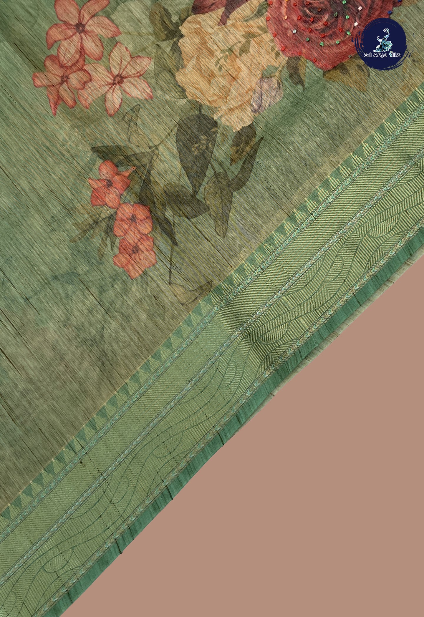 Green Chanderi Silk Cotton Saree With Floral Digital Print Pattern