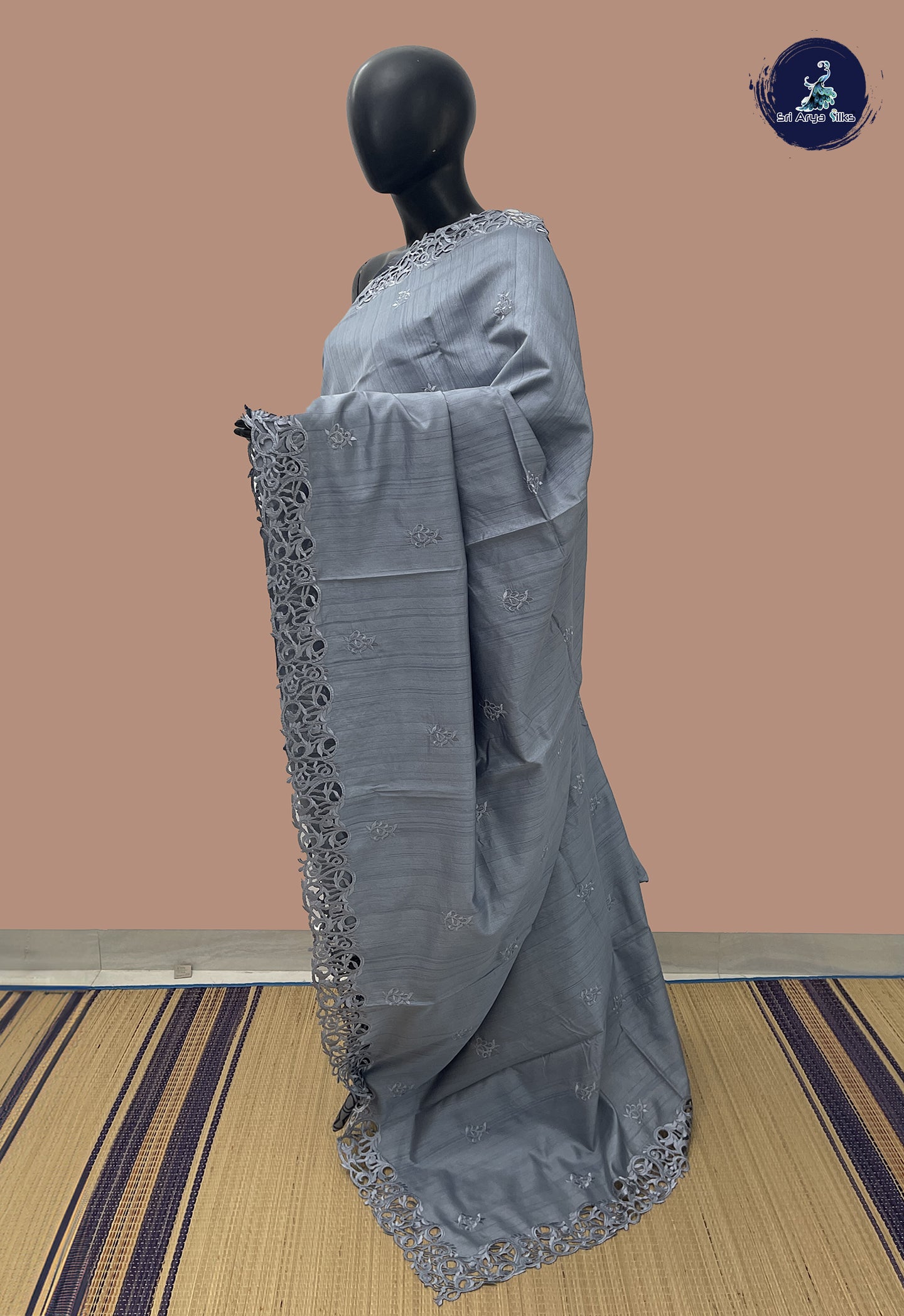 Bluish Grey Tussar Saree With Embroidery Pattern