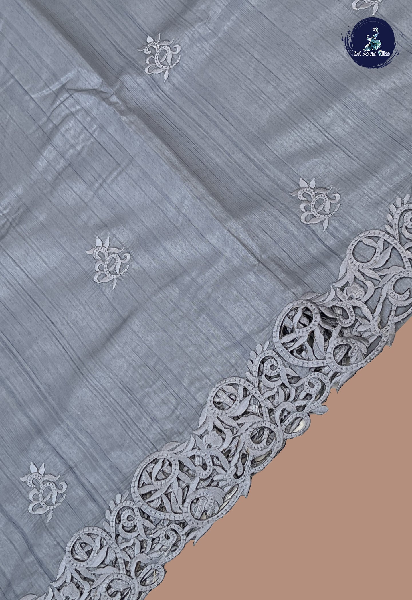 Bluish Grey Tussar Saree With Embroidery Pattern