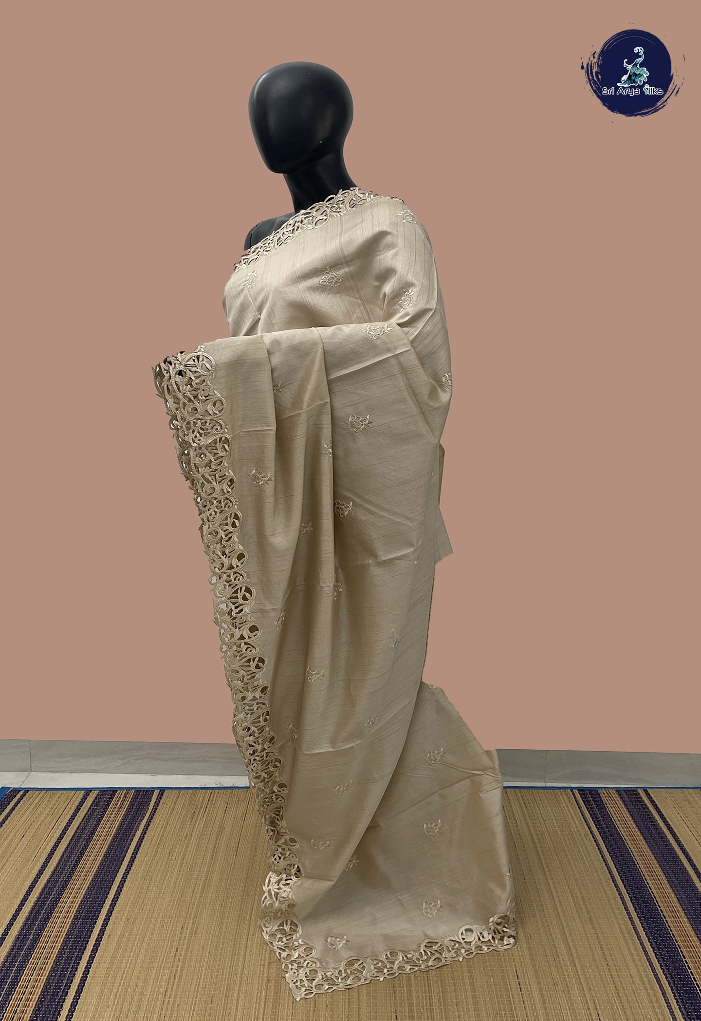 Beige Tussar Saree With Embroidery Pattern