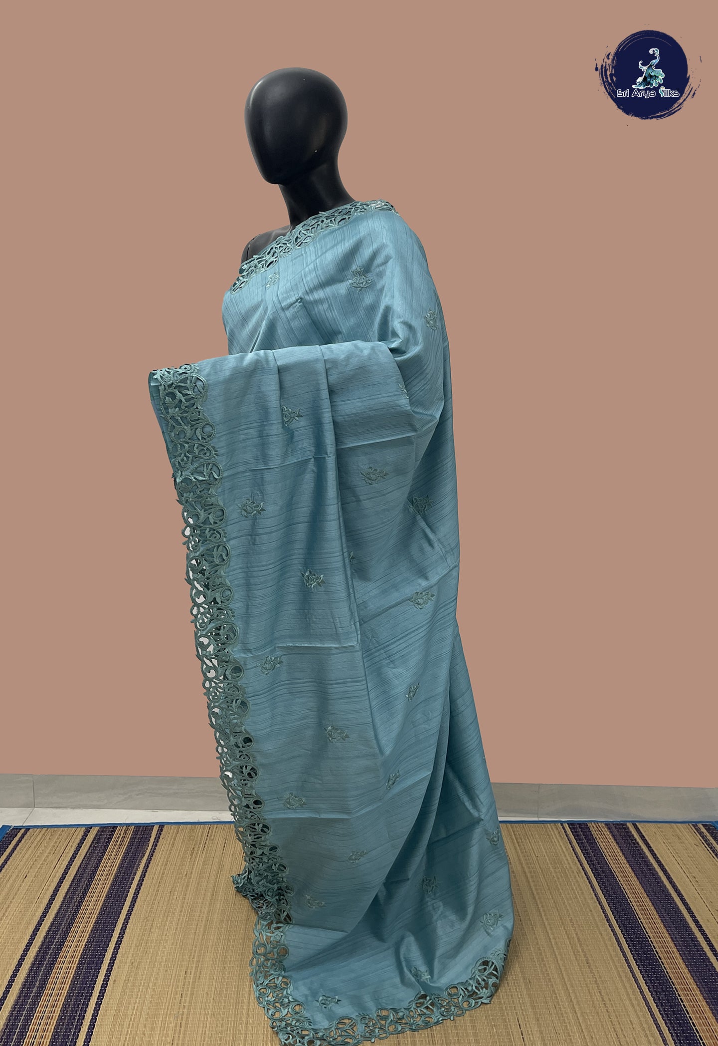 Teal Tussar Saree With Embroidery Pattern