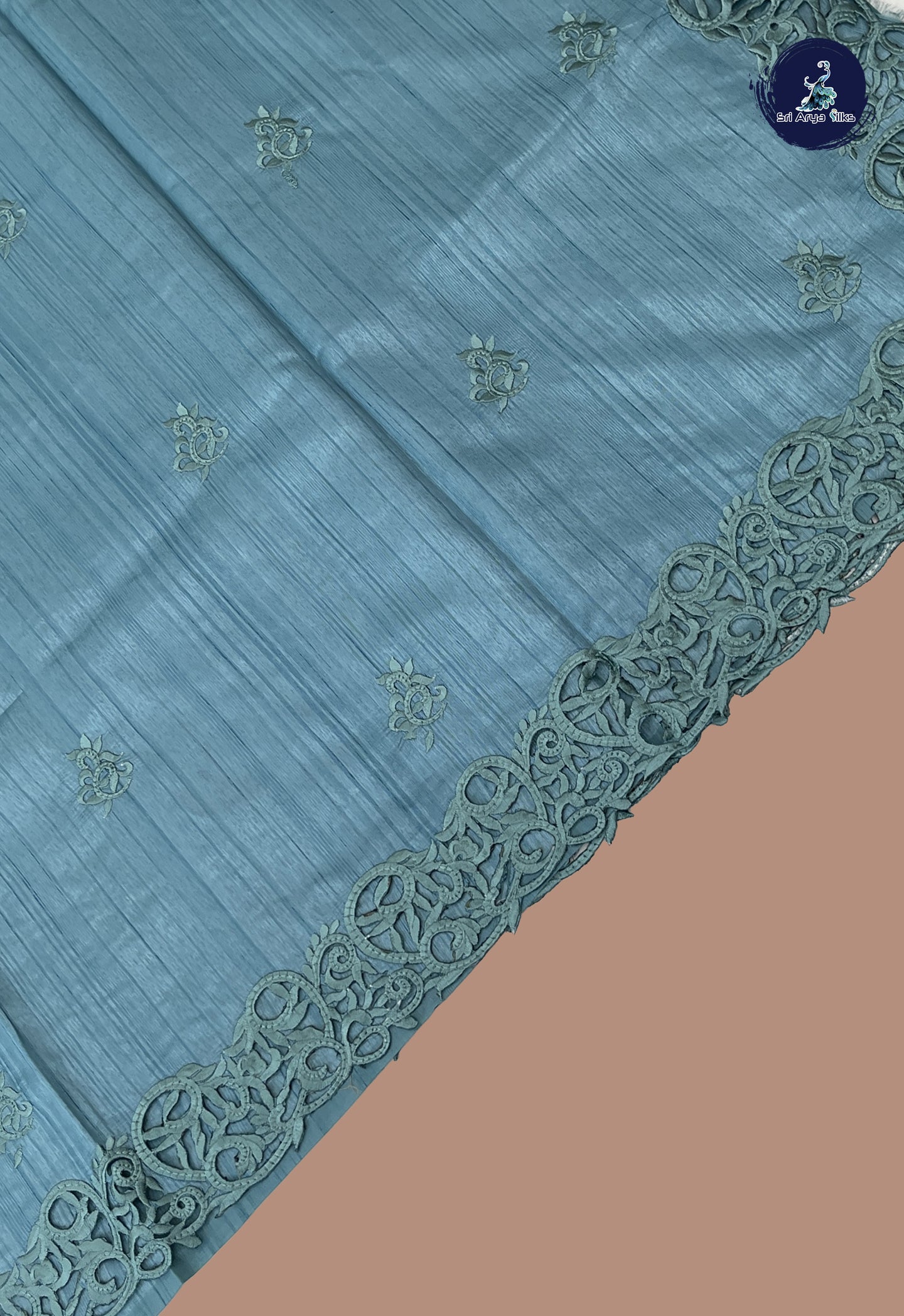 Teal Tussar Saree With Embroidery Pattern