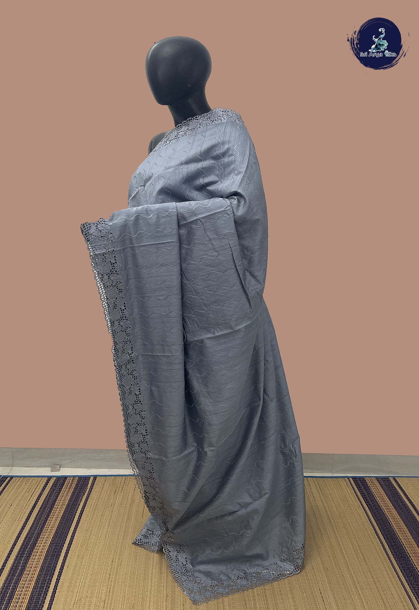 Bluish Grey Tussar Saree With Embroidery Pattern