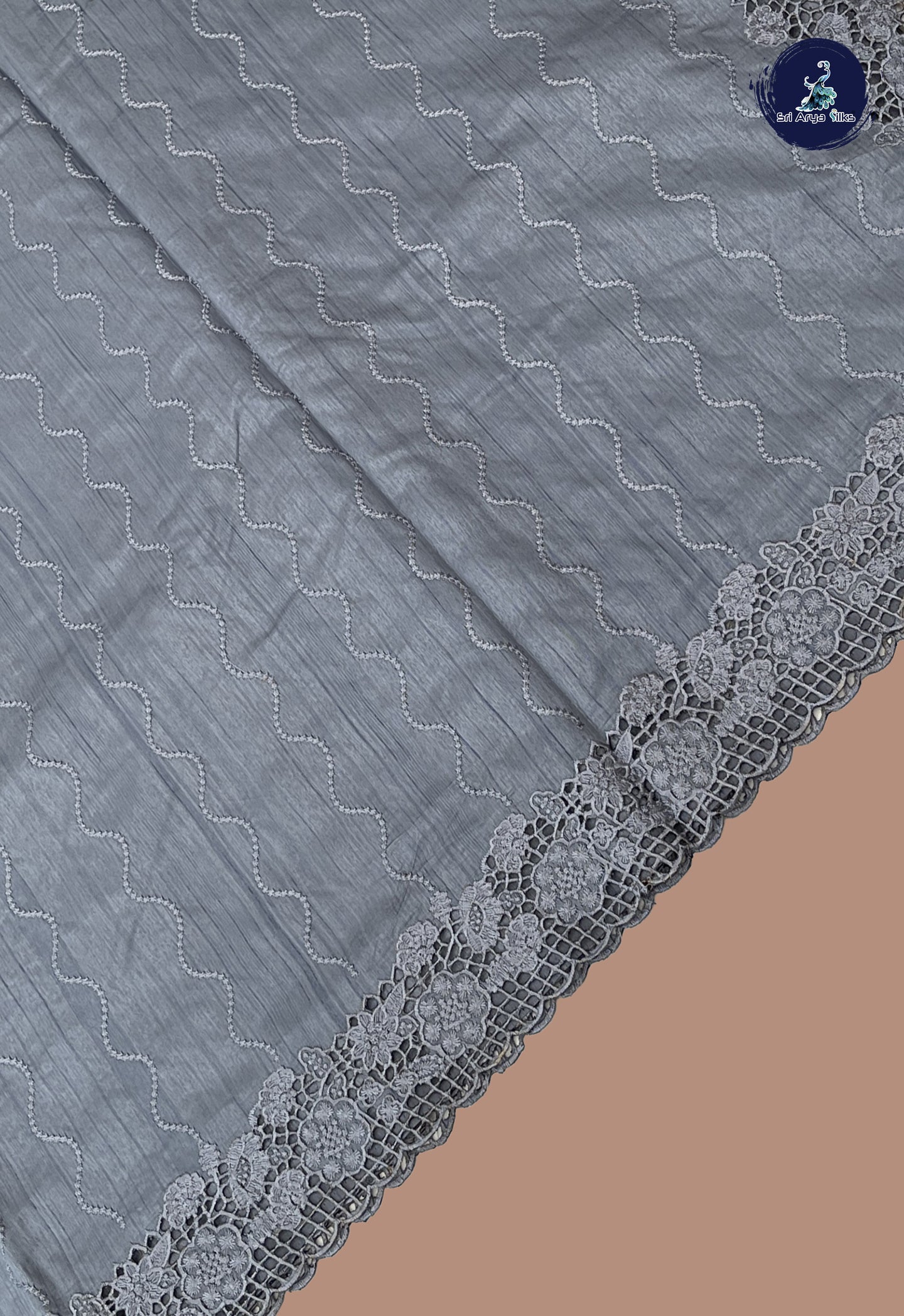 Bluish Grey Tussar Saree With Embroidery Pattern
