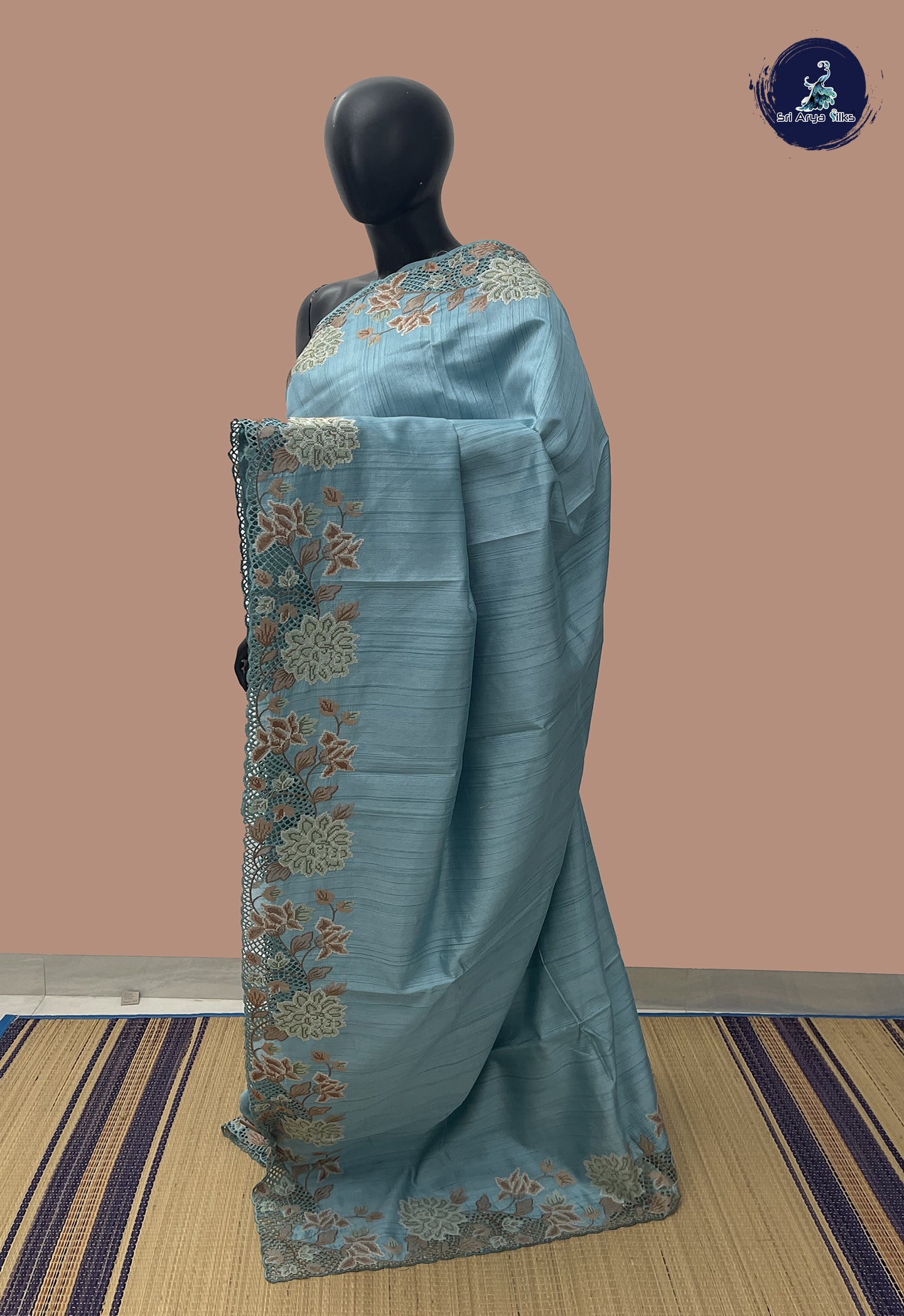 Blue Tussar Saree With Embroidery Pattern