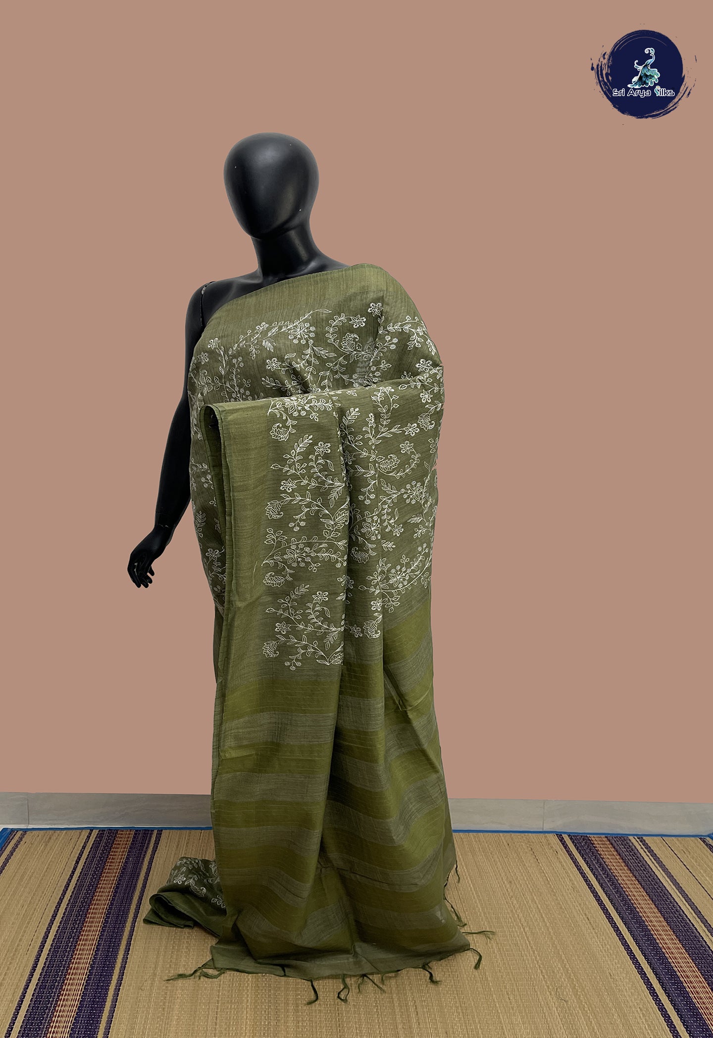 Military Green Semi Tussar Saree With Thread Work Pattern