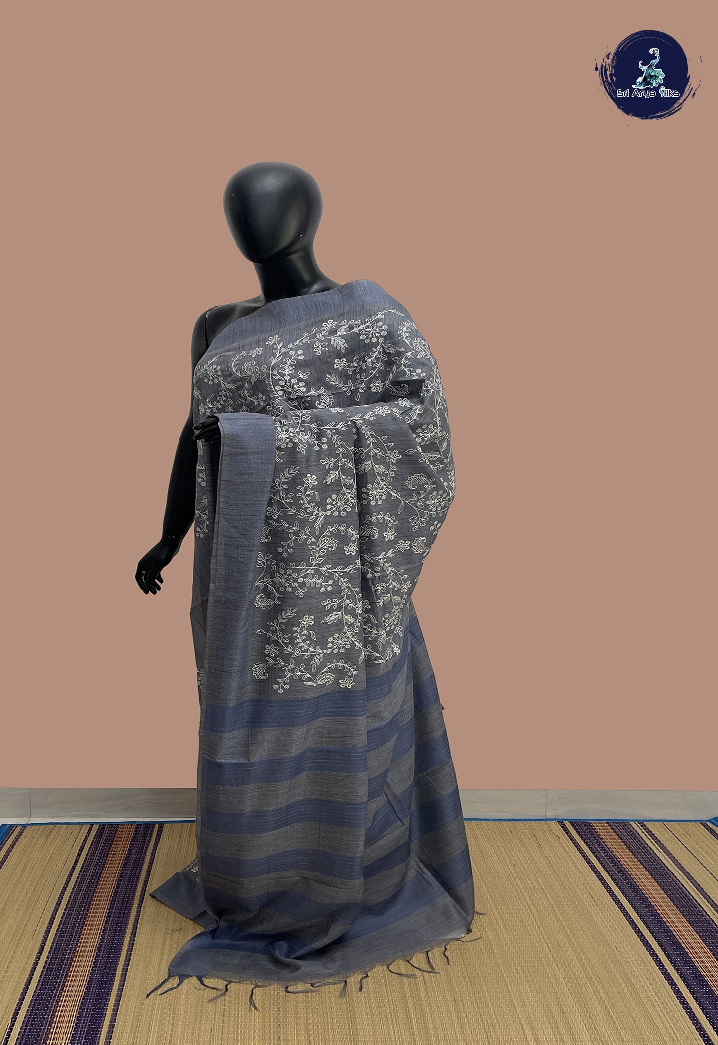 Bluish Grey Semi Tussar Saree With Thread Work Pattern