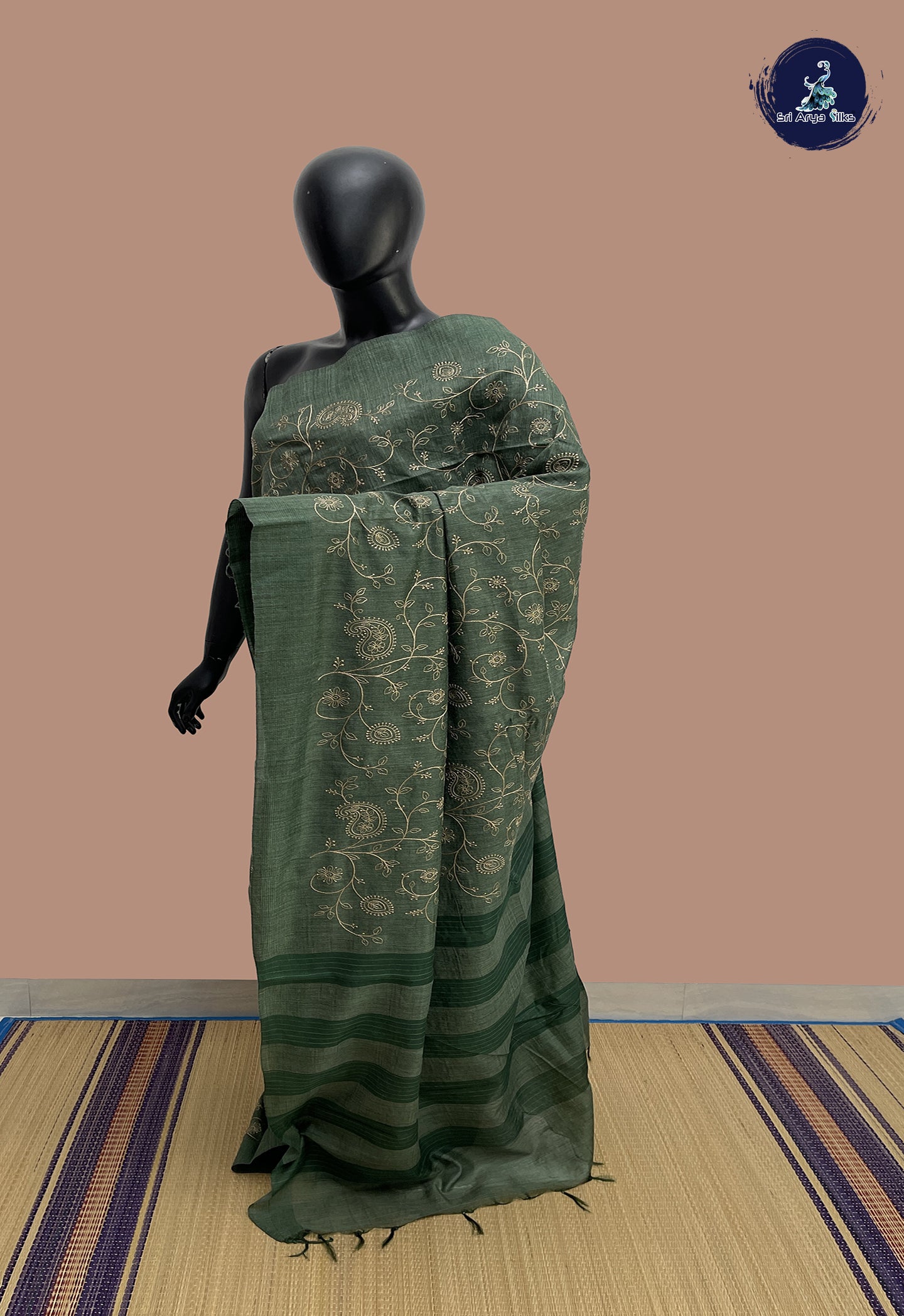 Green Semi Tussar Saree With Thread Work Pattern
