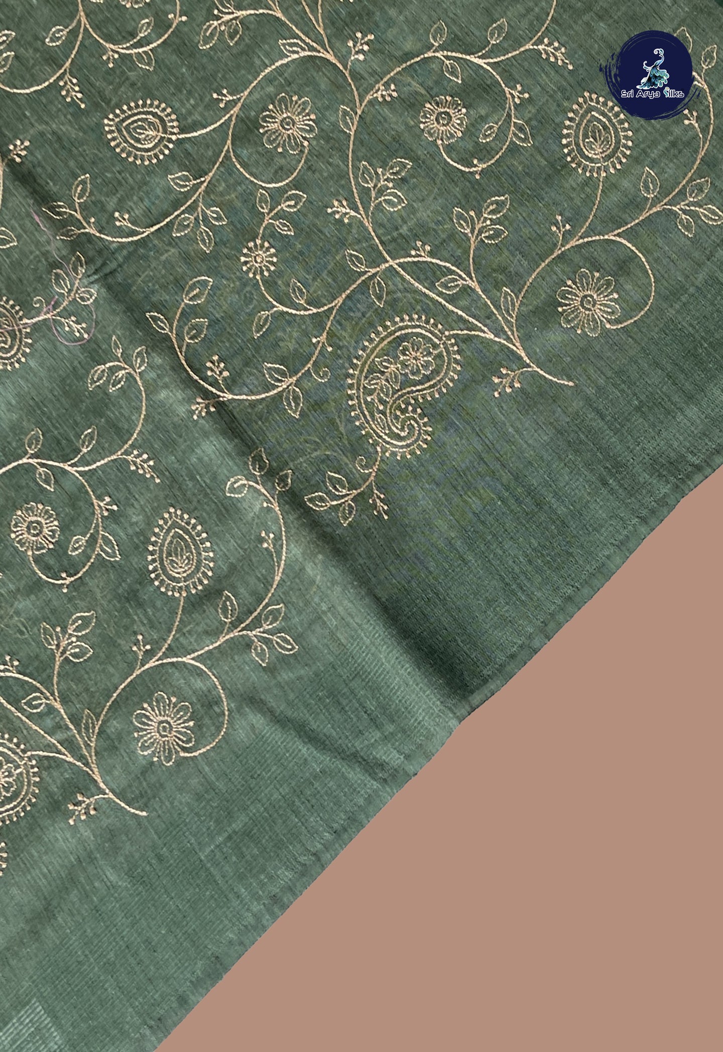 Green Semi Tussar Saree With Thread Work Pattern