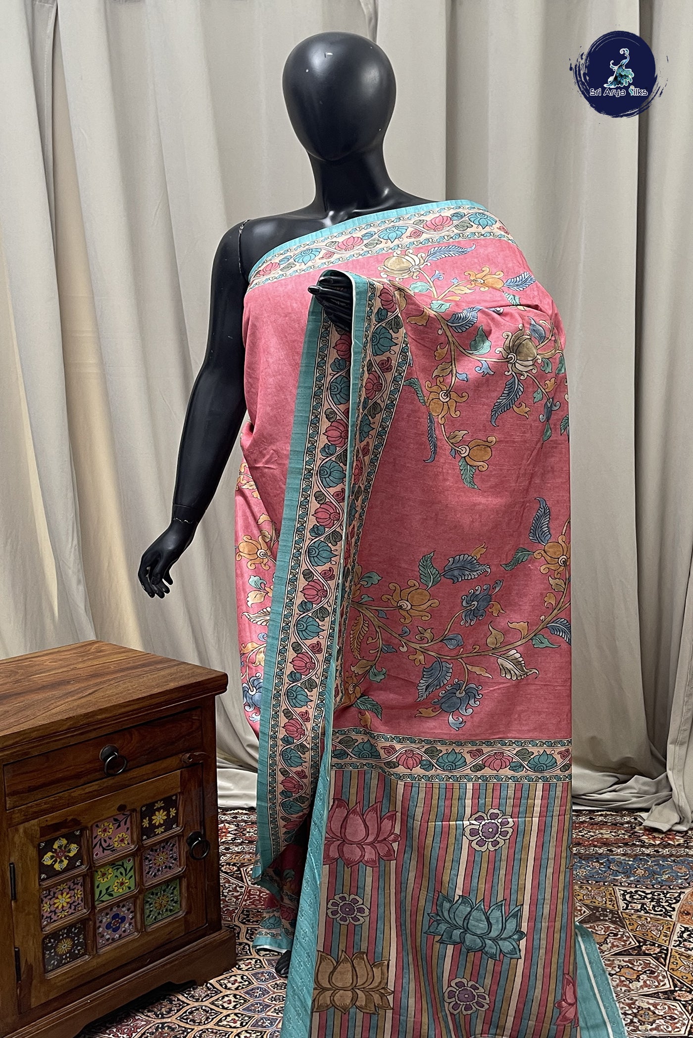 Reddish Pink Art Silk Saree With Kalamkari Pattern