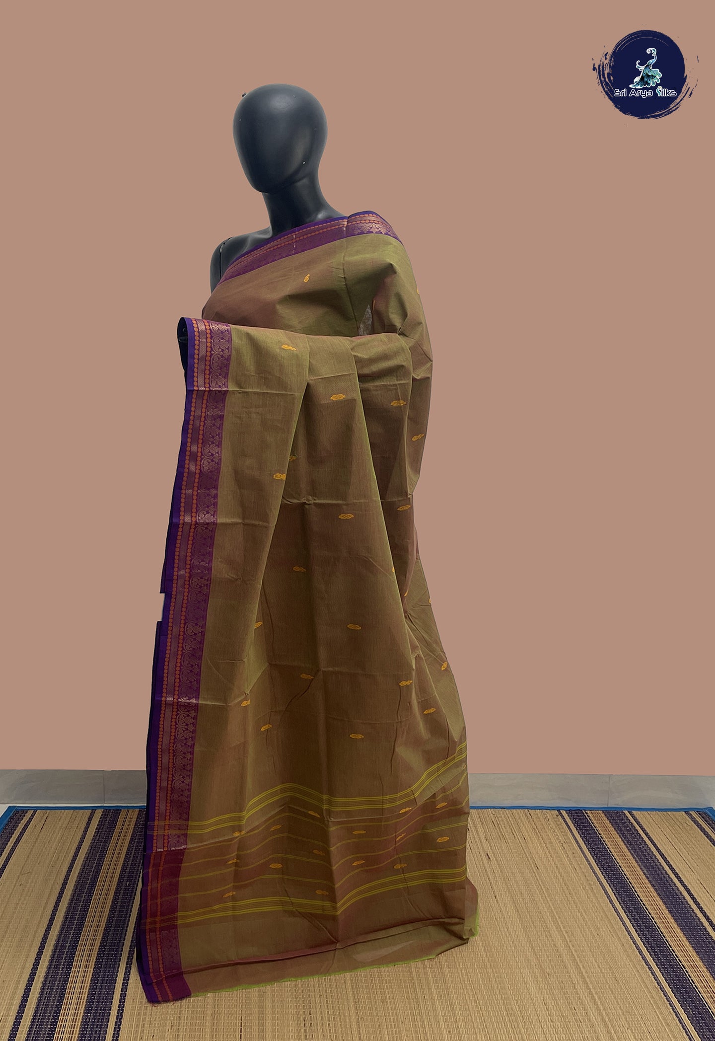 Dual Tone Green Chettinad Cotton Saree With Buttas Pattern