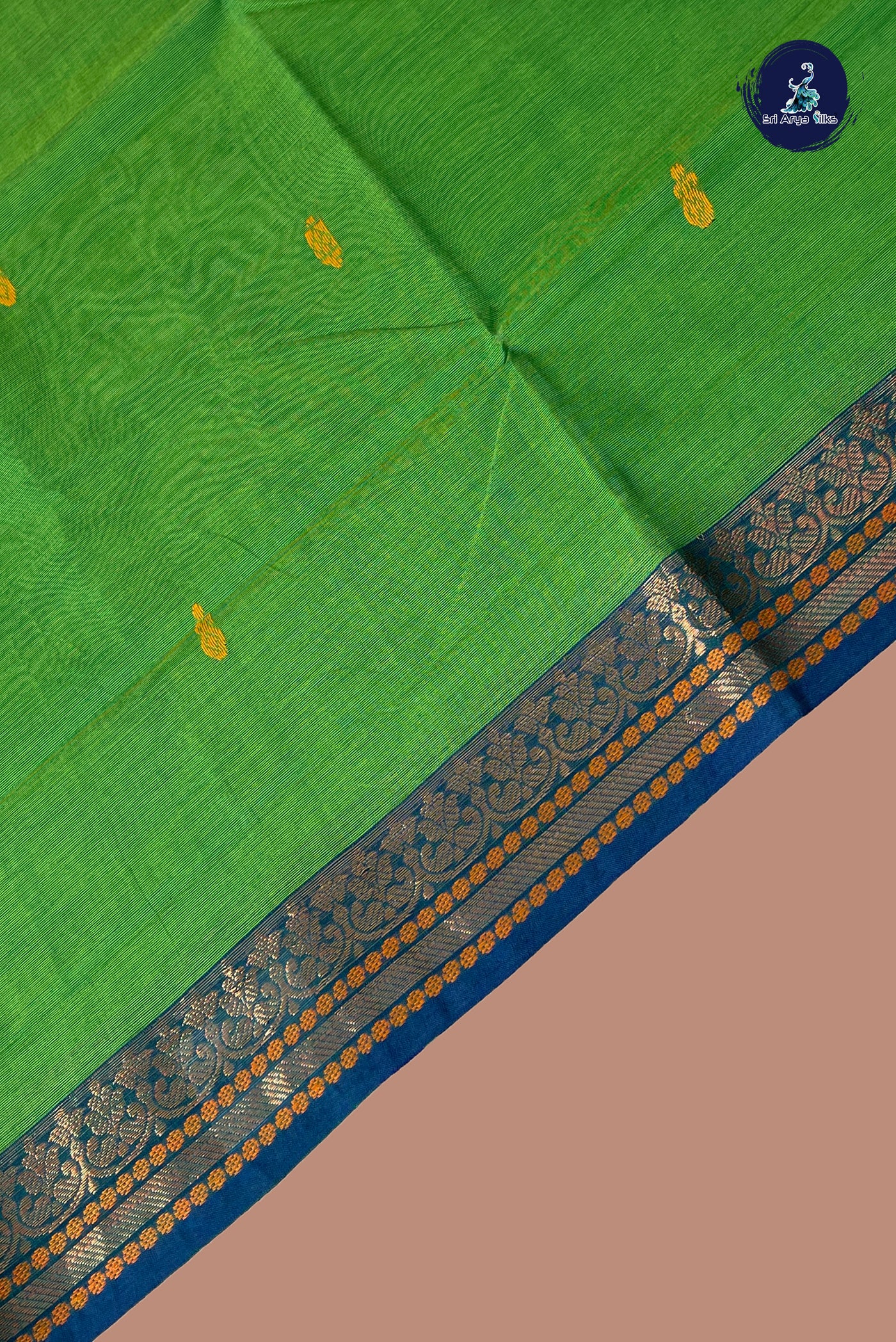 Green Chettinad Cotton Saree With Buttas Pattern