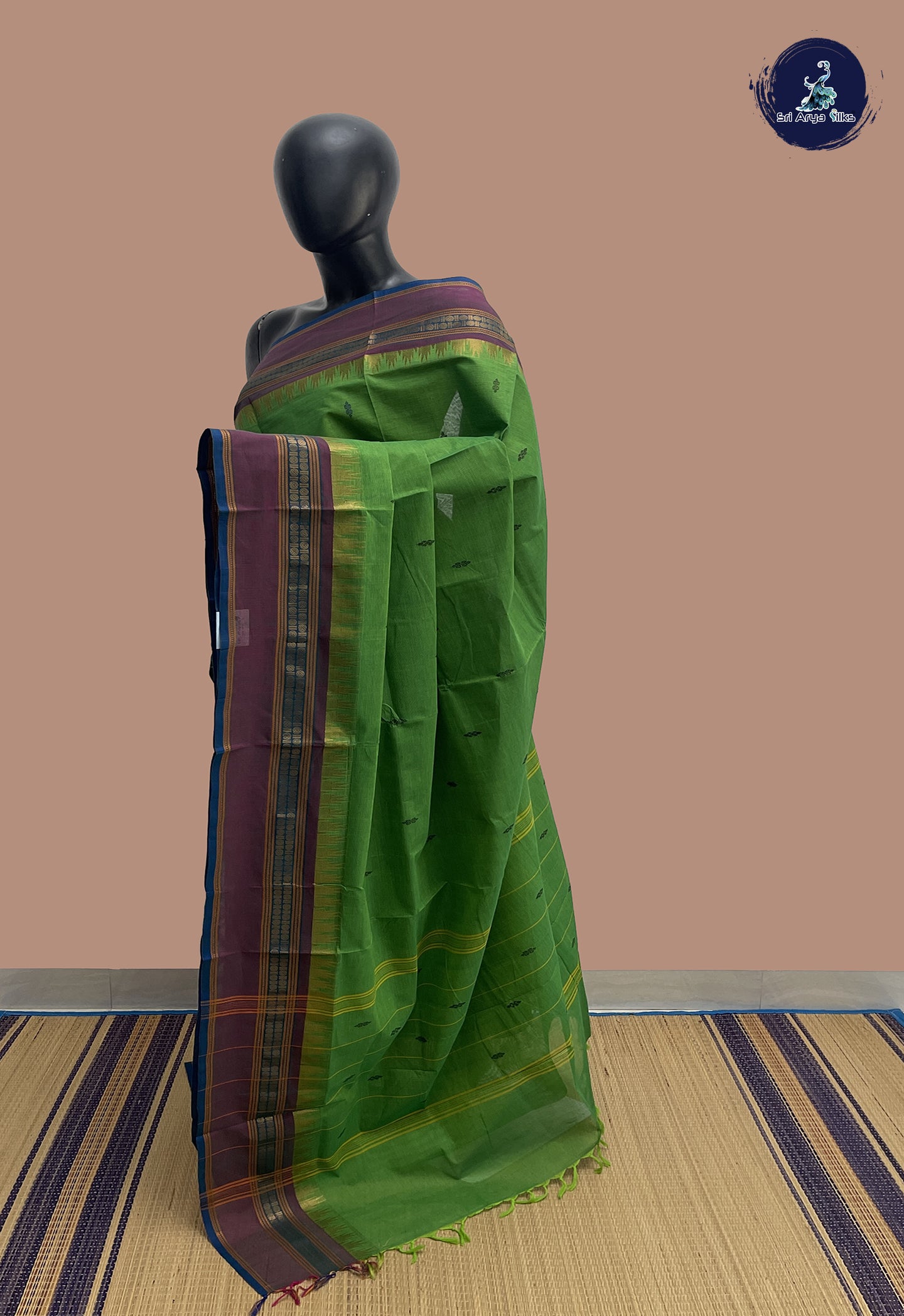 Light Green Chettinad Cotton Saree With Buttas Pattern