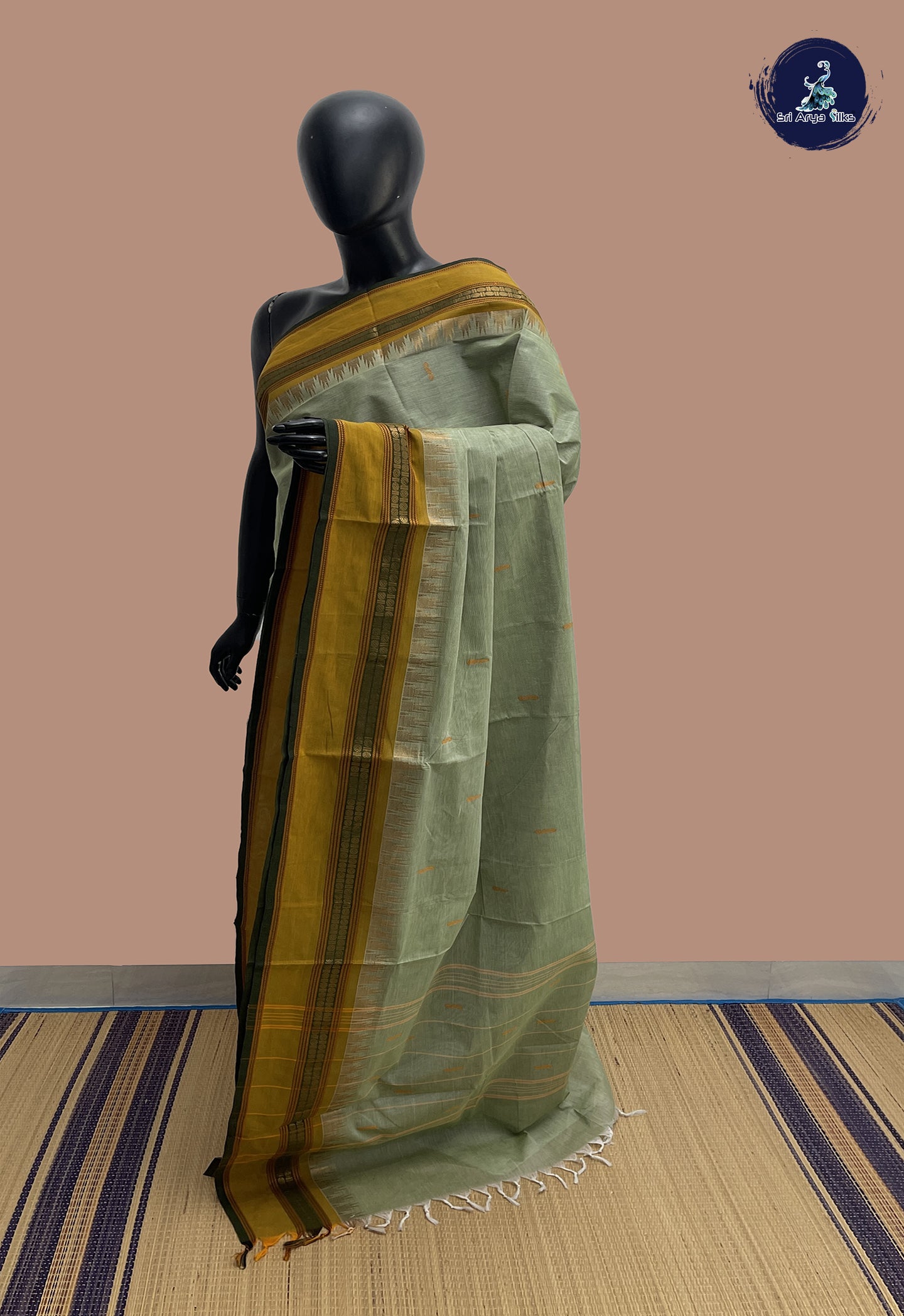 Elaichi Green Chettinad Cotton Saree With Buttas Pattern