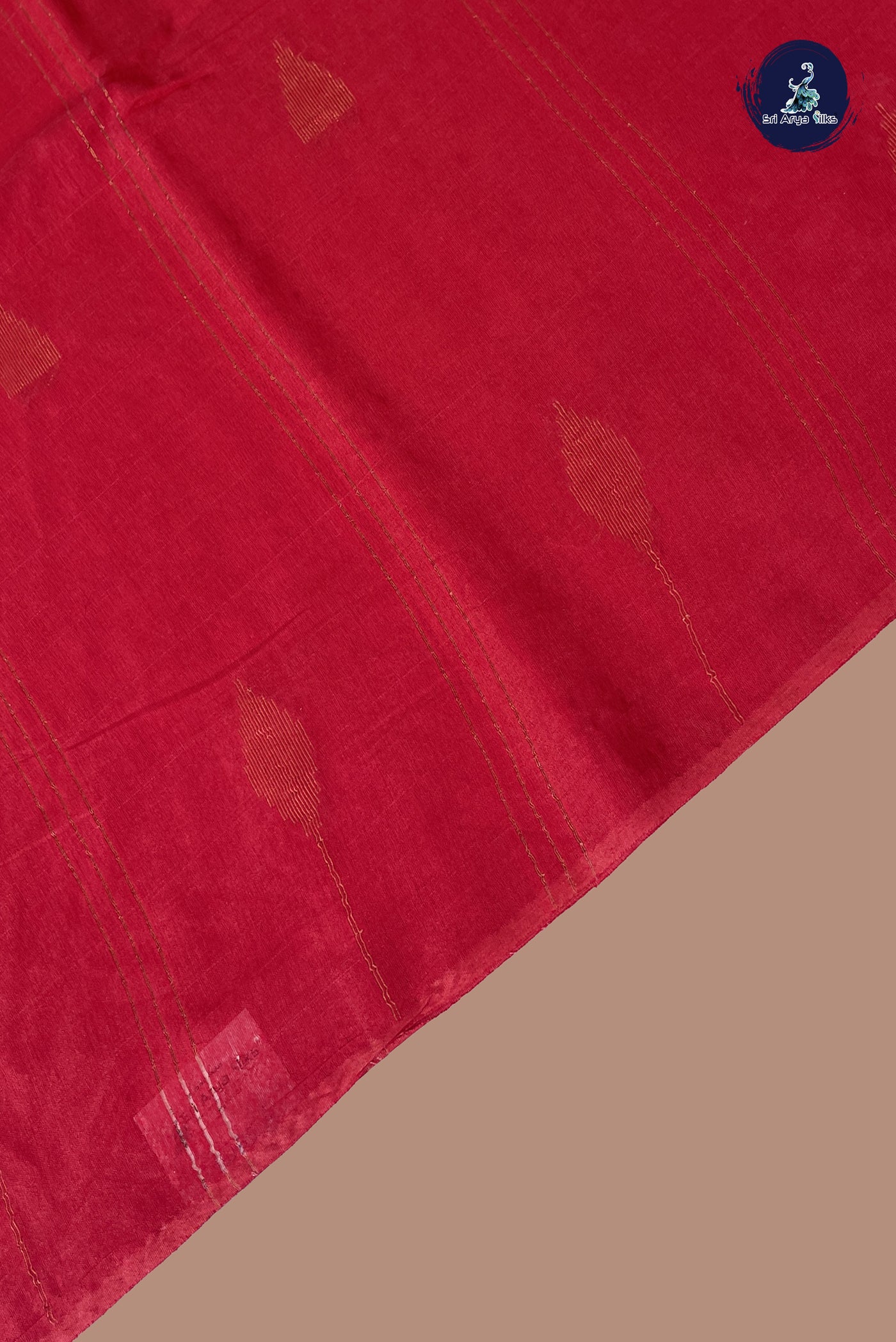 Red Linen Saree With Copper Zari Buttas Pattern