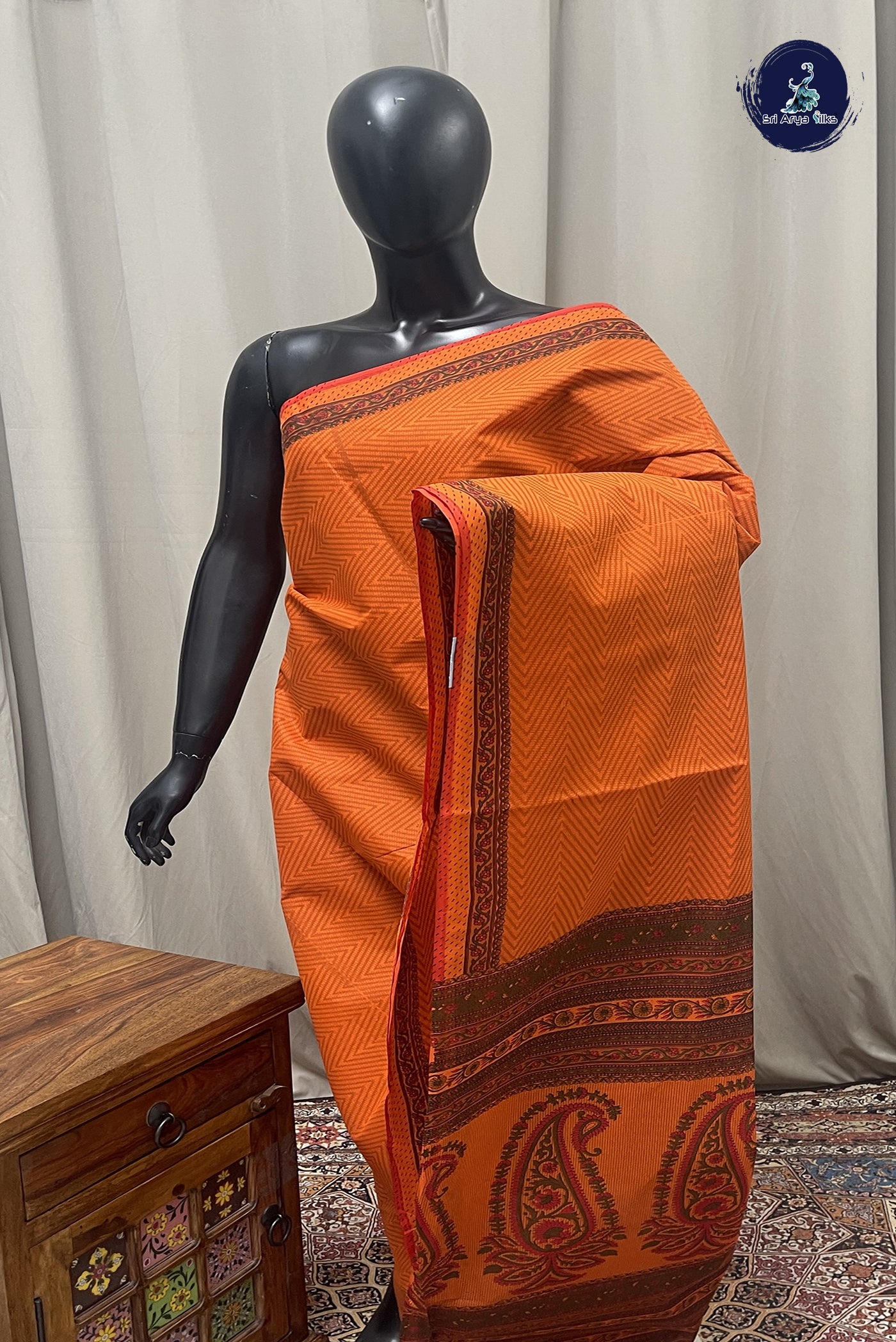 Orange cotton Saree With  Printed Pattern