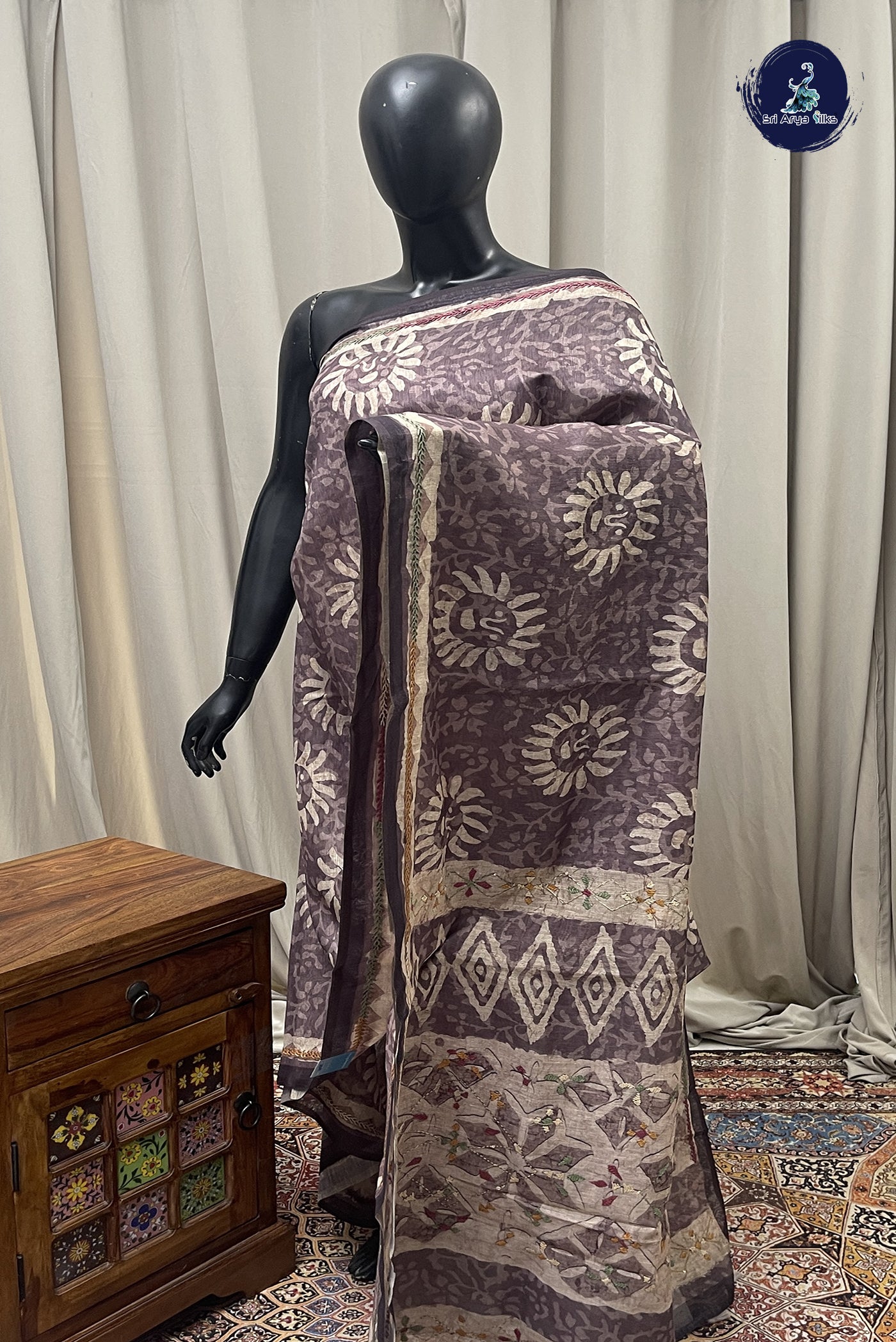 Brown Semi Chanderi Saree  With Printed Pattern