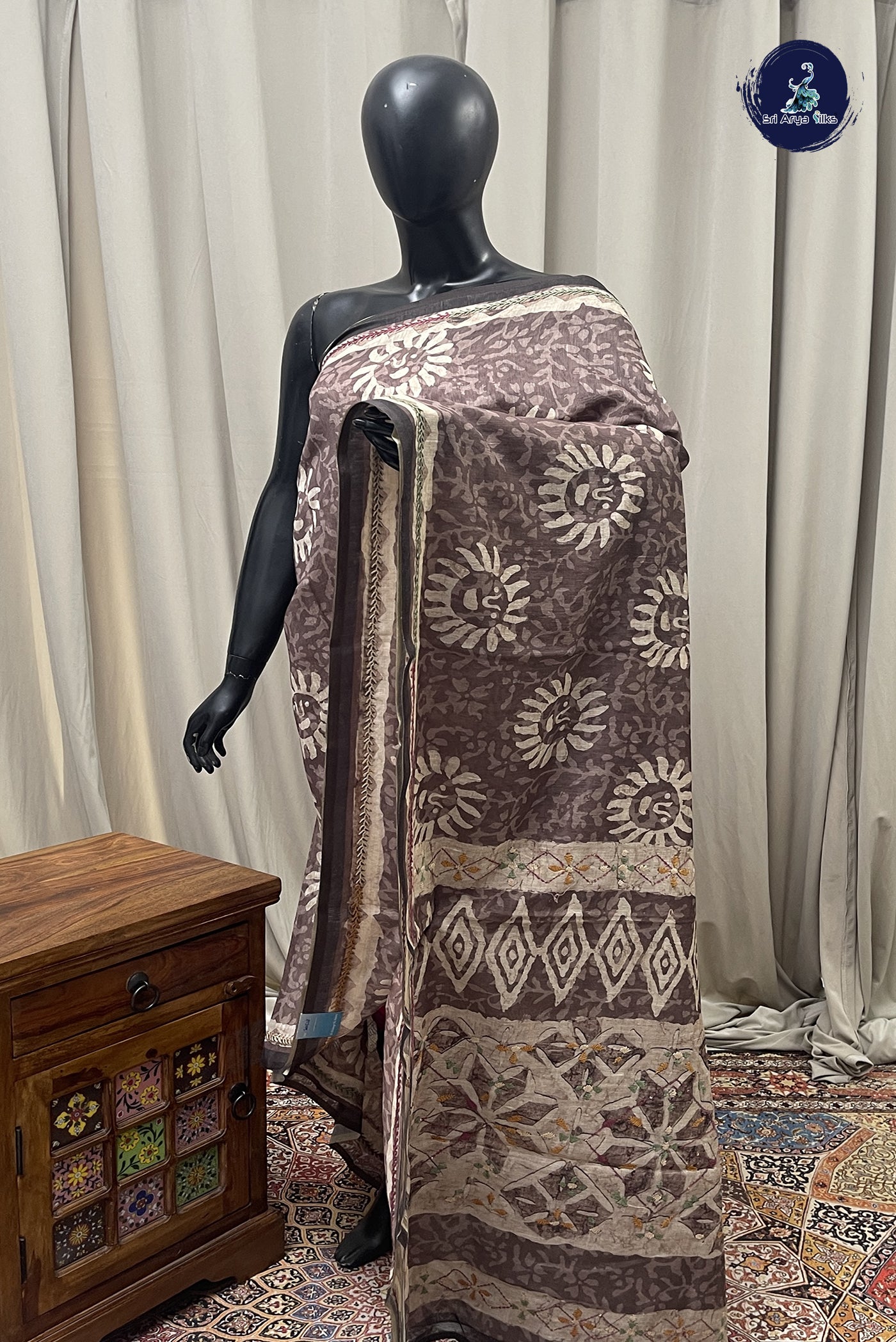 Brown Semi Chanderi Saree With Printed Pattern