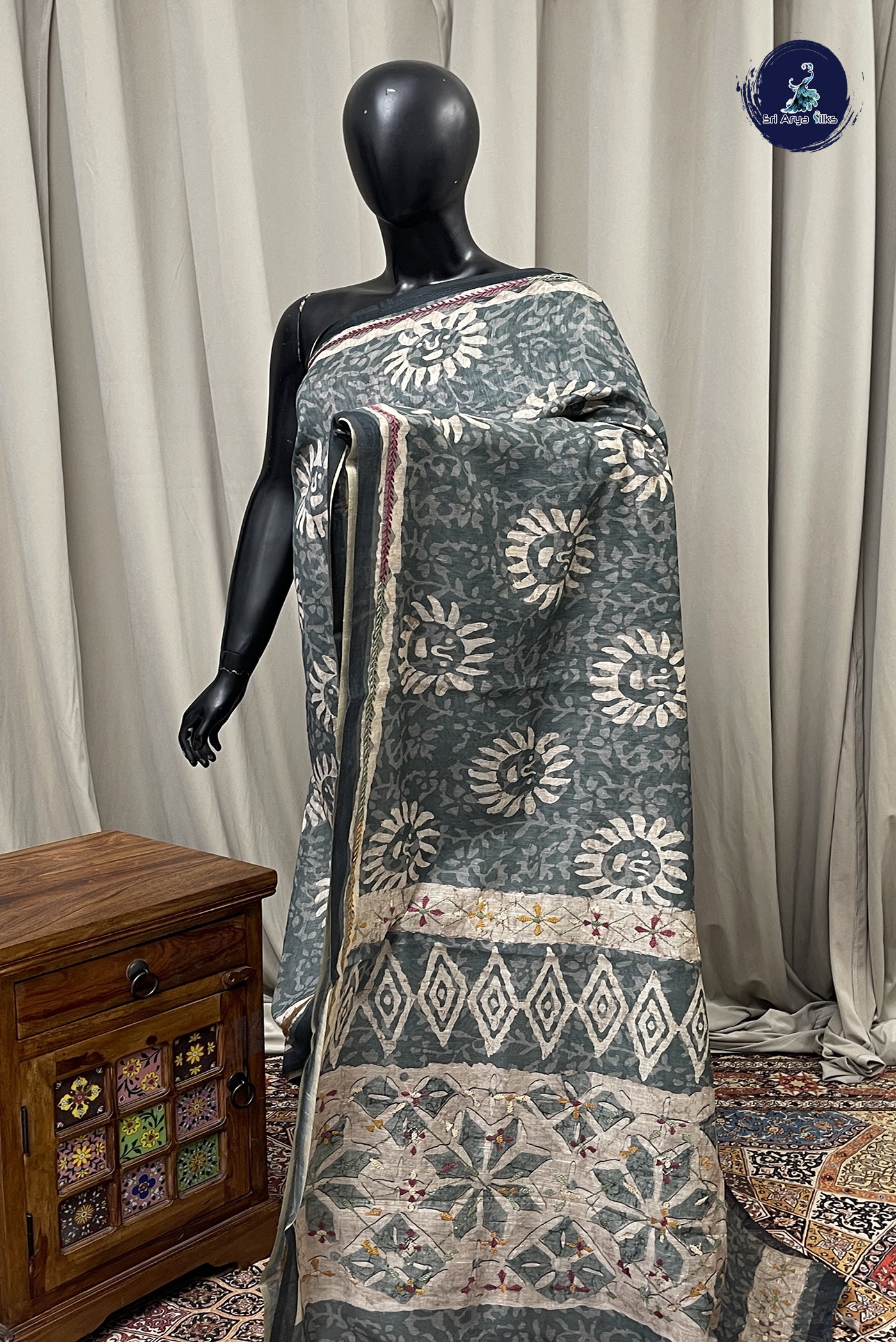 Green Semi Chanderi Saree With  Printed Pattern