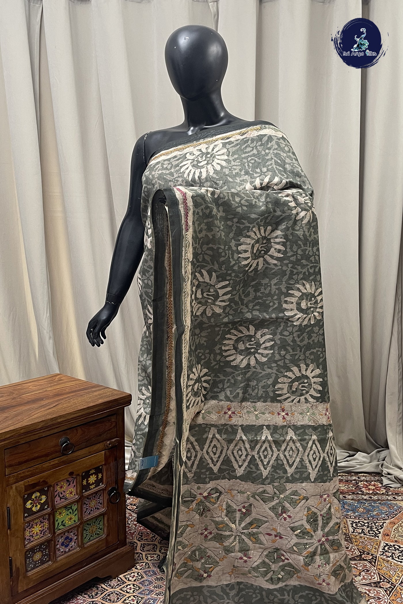 Green Semi Chanderi Saree With Printed  Pattern
