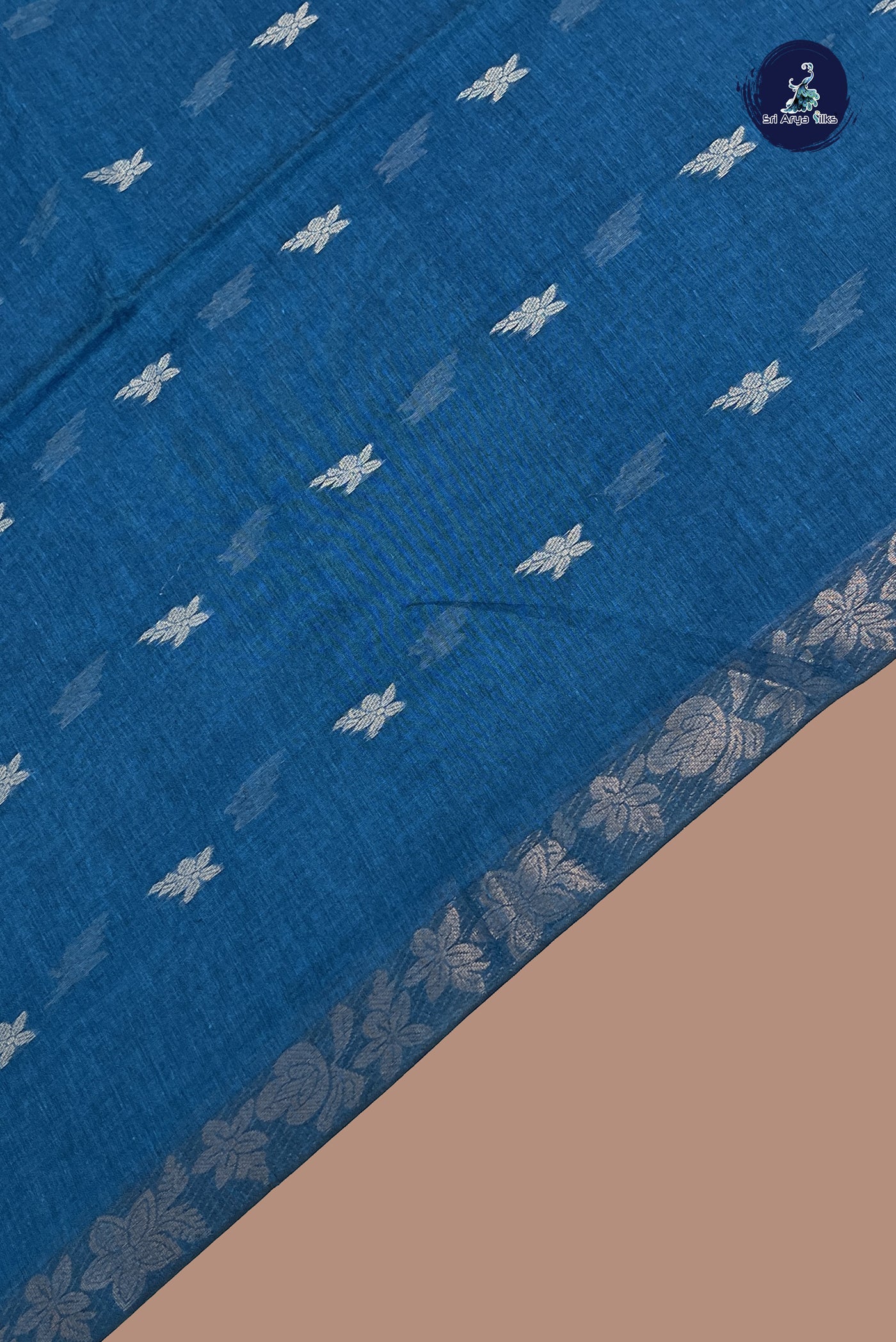Blue Linen Cotton saree With Thread Buttas Pattern